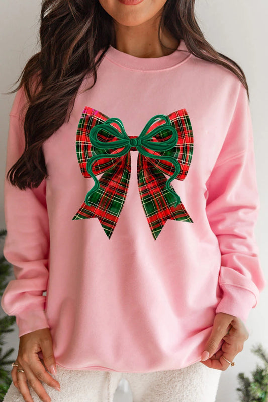 Pink Plaid Bow Christmas Vibe Print Sweatshirt