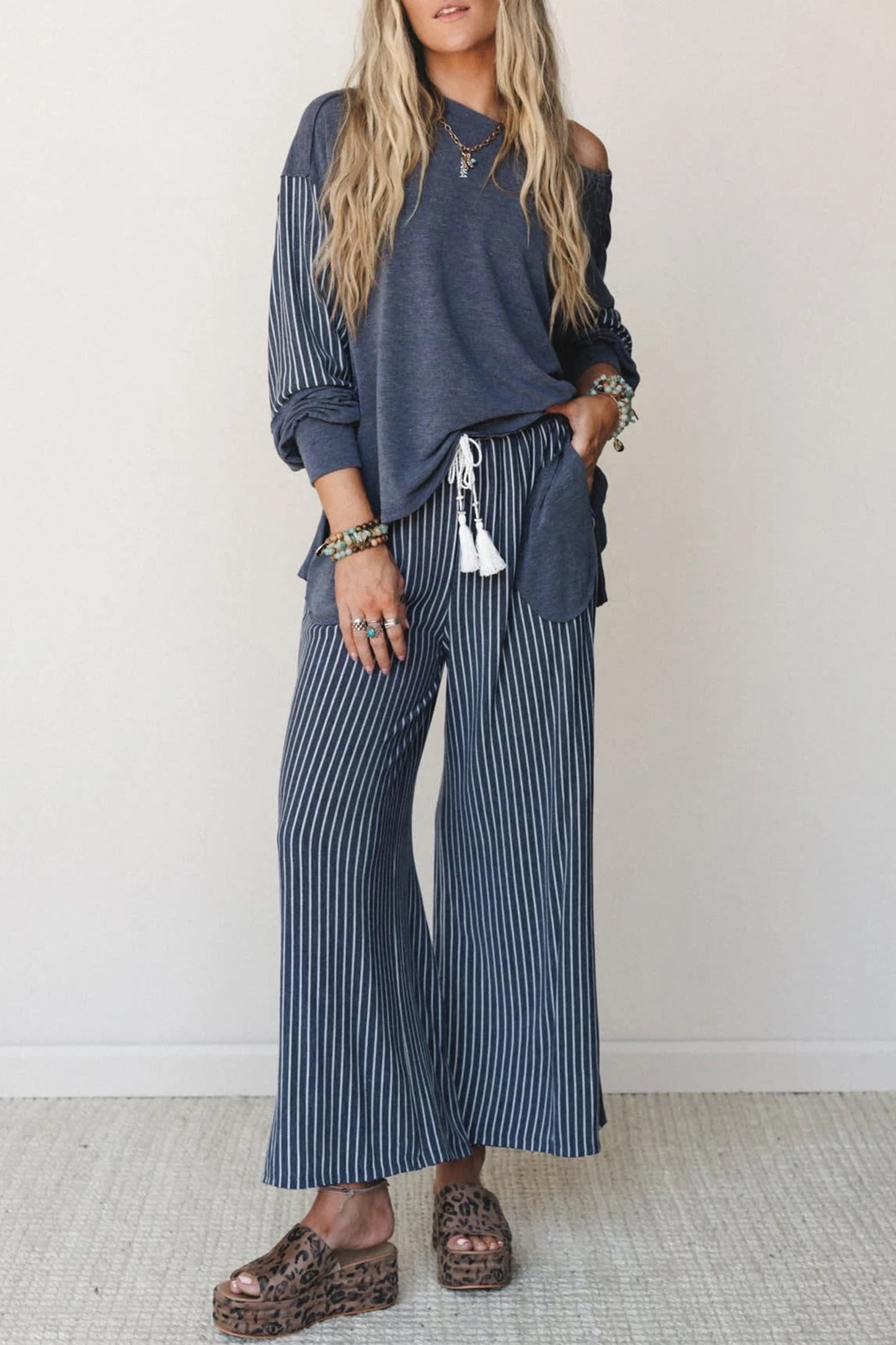 Fushia Raw Seam Patchwork Long Sleeve Top Pocket Casual Pants 2pcs Set