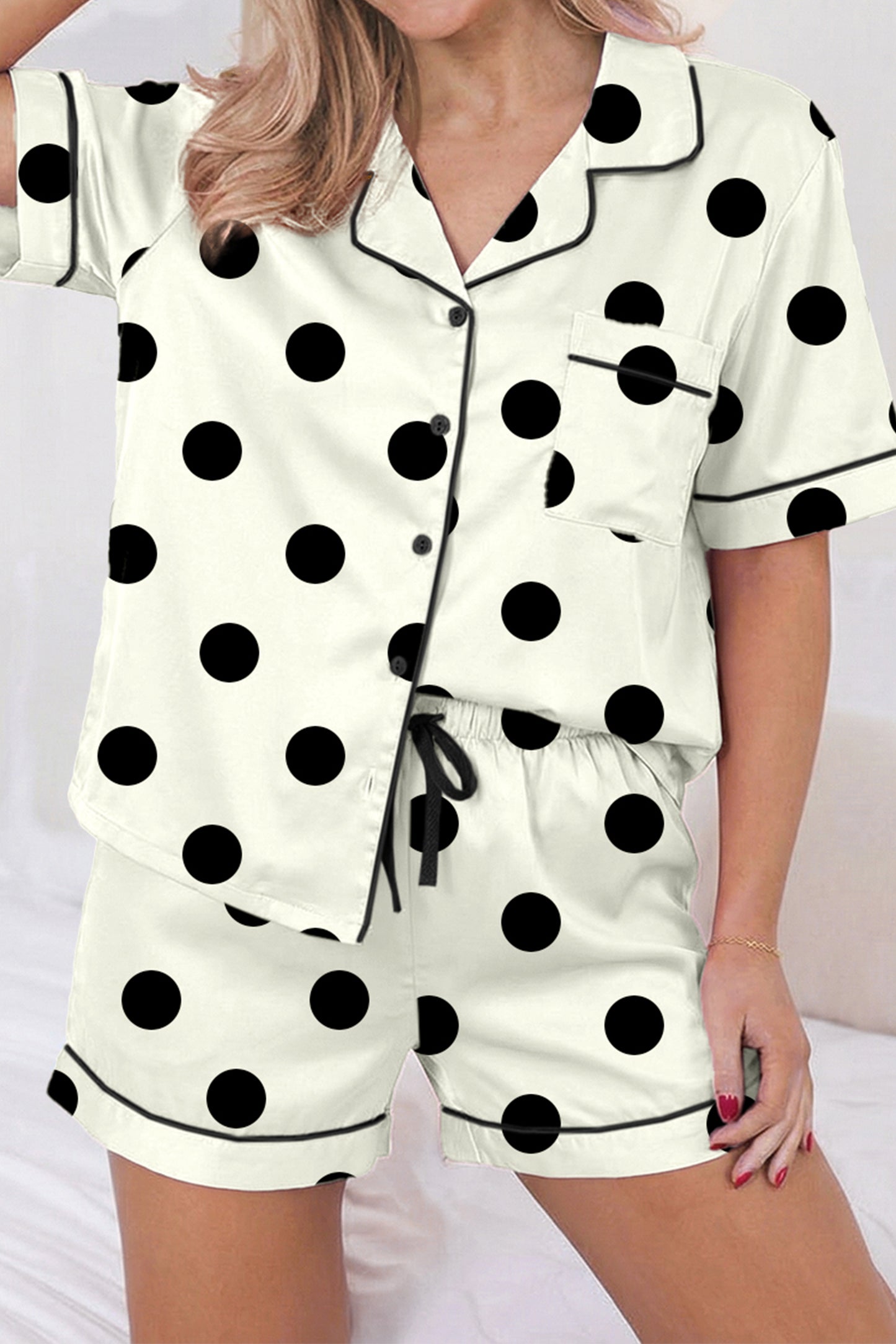 Polka Dot Satin Pajama Set Button Down Sleepwear