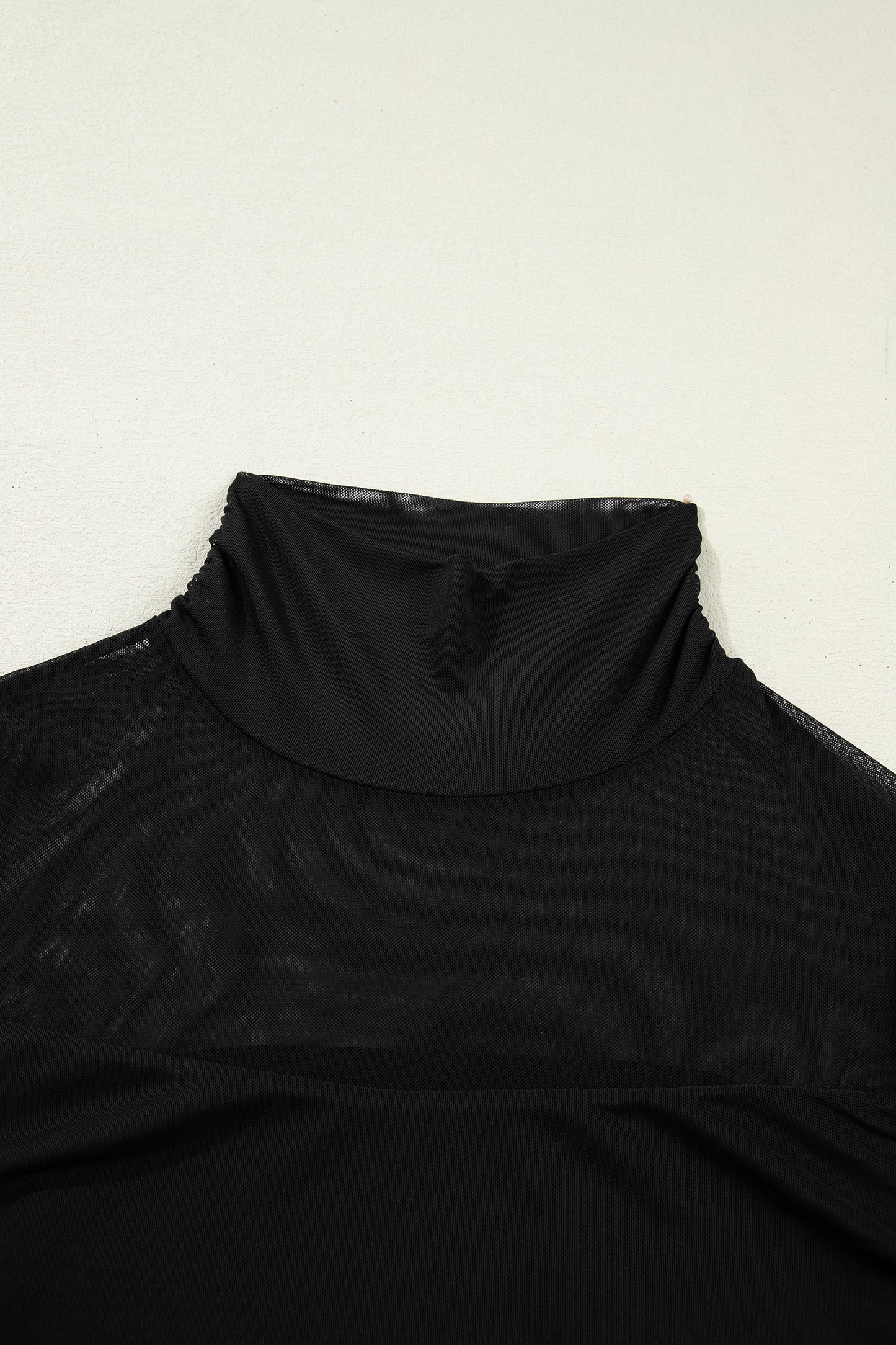 Coffee Sheer Mesh Patchwork High Neck Long Sleeve Top