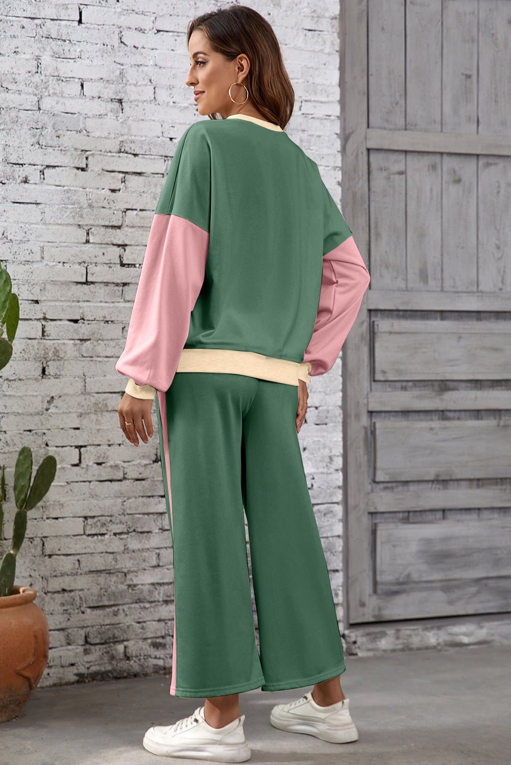 Blackish Green 2pcs Color Block Pullover Loose Pant Set