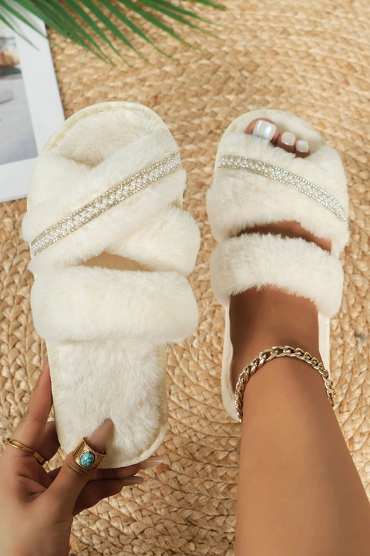 White Pearl Rhinestone Embellished Crossed Straps Plush House Slippers