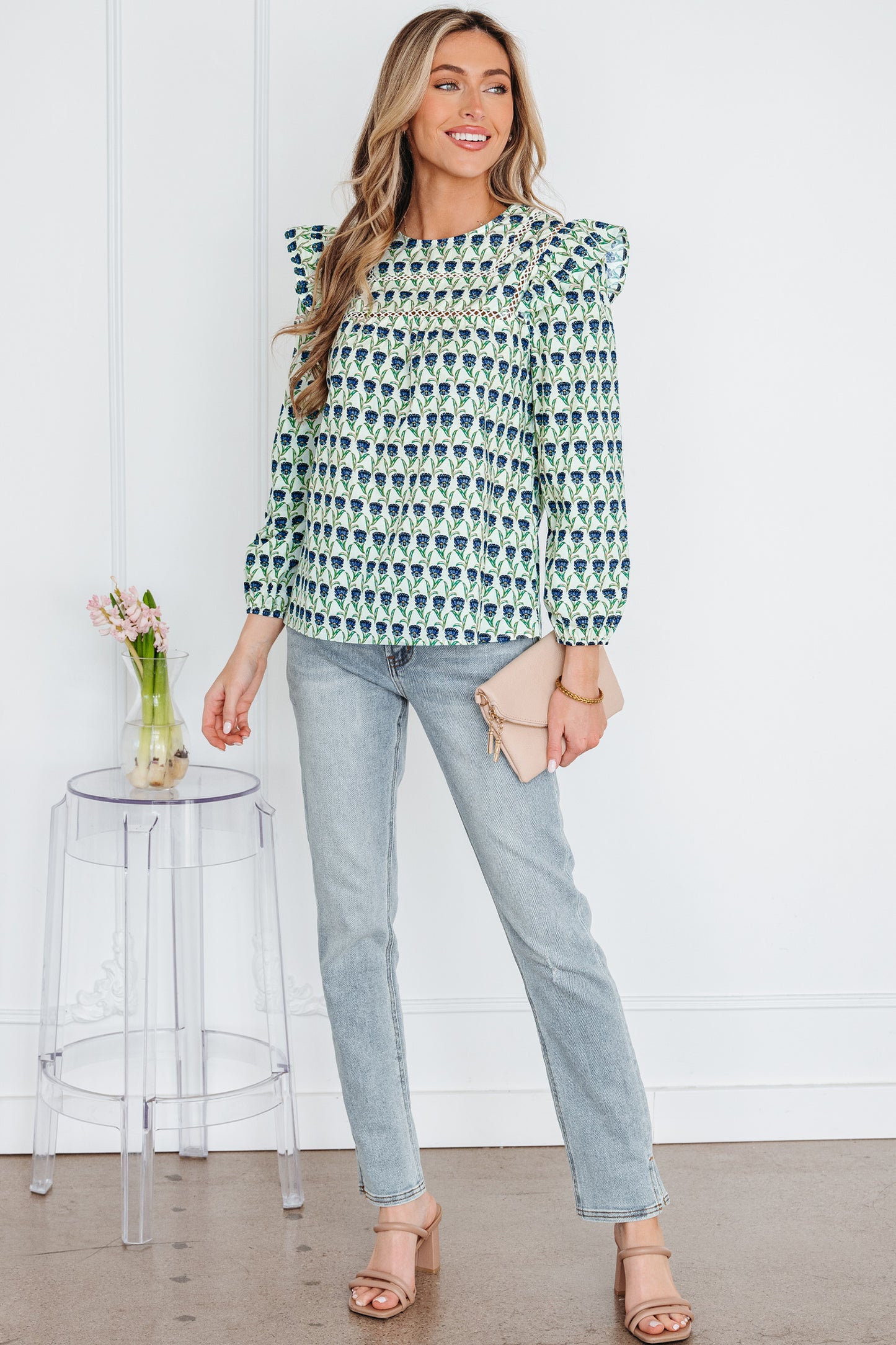 Green Floral Print Lace Detail Ruffle Trim Long Sleeve Blouse