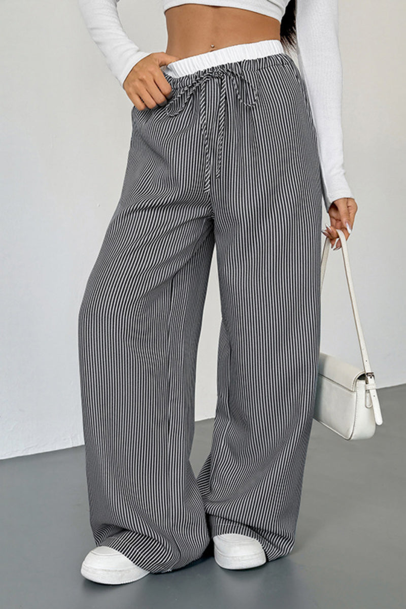 Striped High Waist Wide Leg Casual Drawstring Pants Women