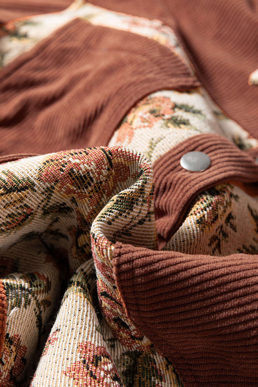 Sage Green Ribbed Retro Floral Patchwork Shirt Style Jacket