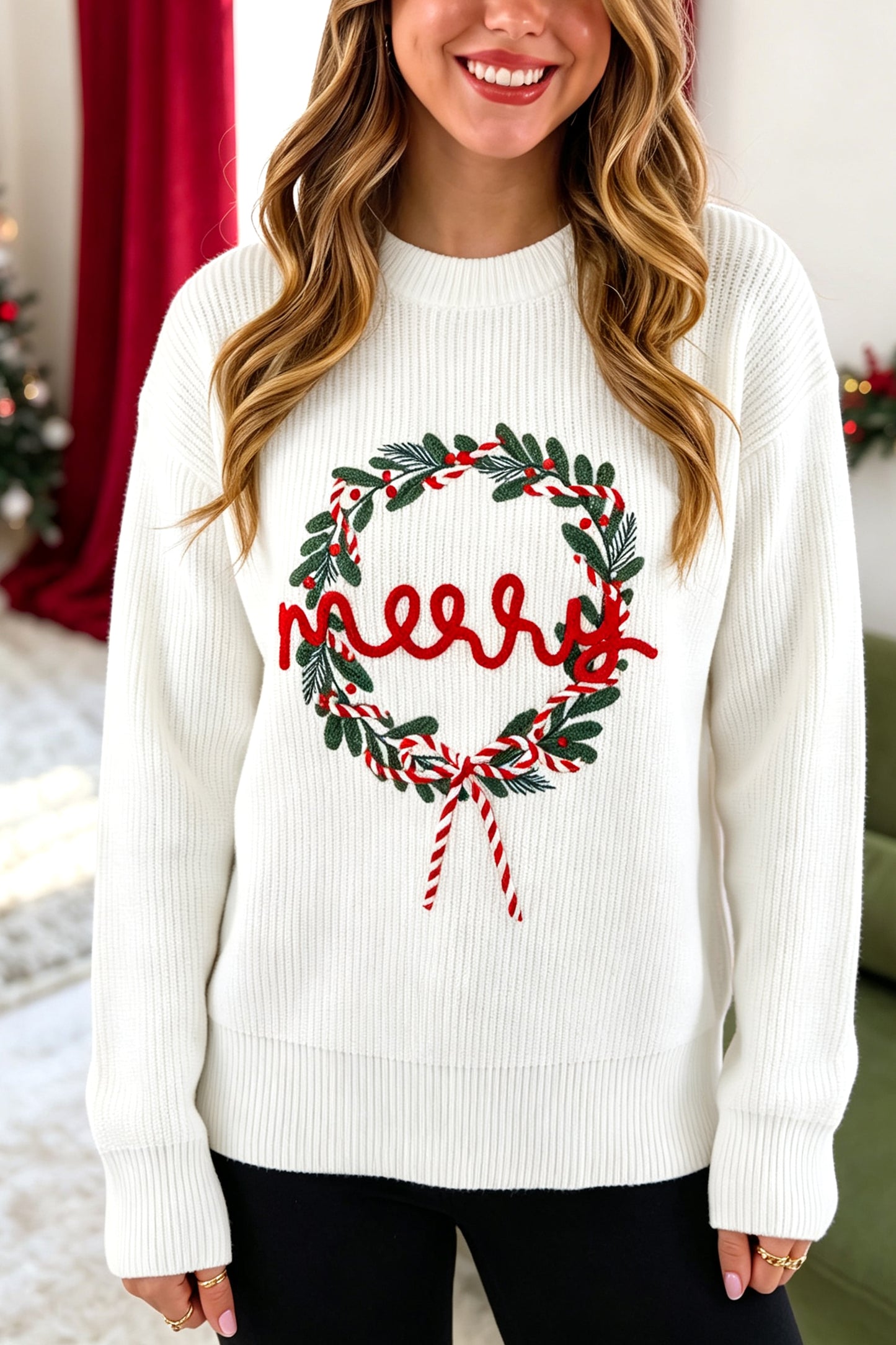 White Christmas Wreath Pattern Round Neck Casual Sweater