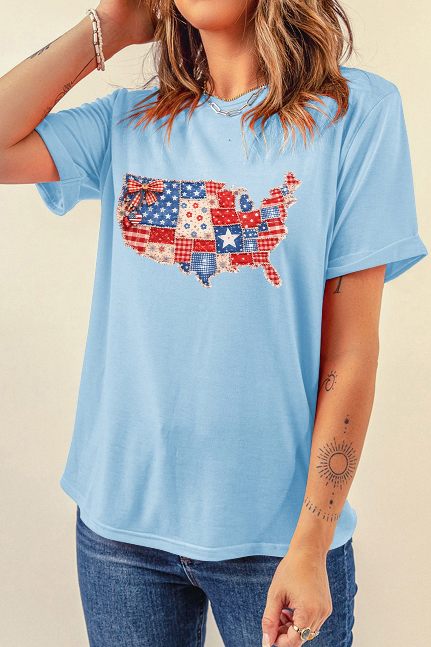 Light Blue Faux Patchwork Print American Patriotic Graphic Tee