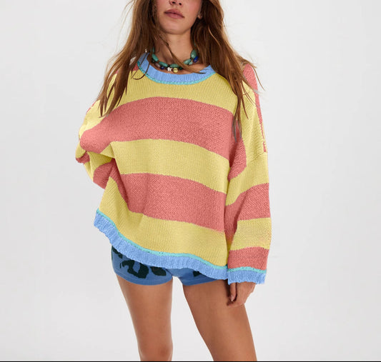 Colorblock Striped Knit Sweater | Oversized Pullover Top