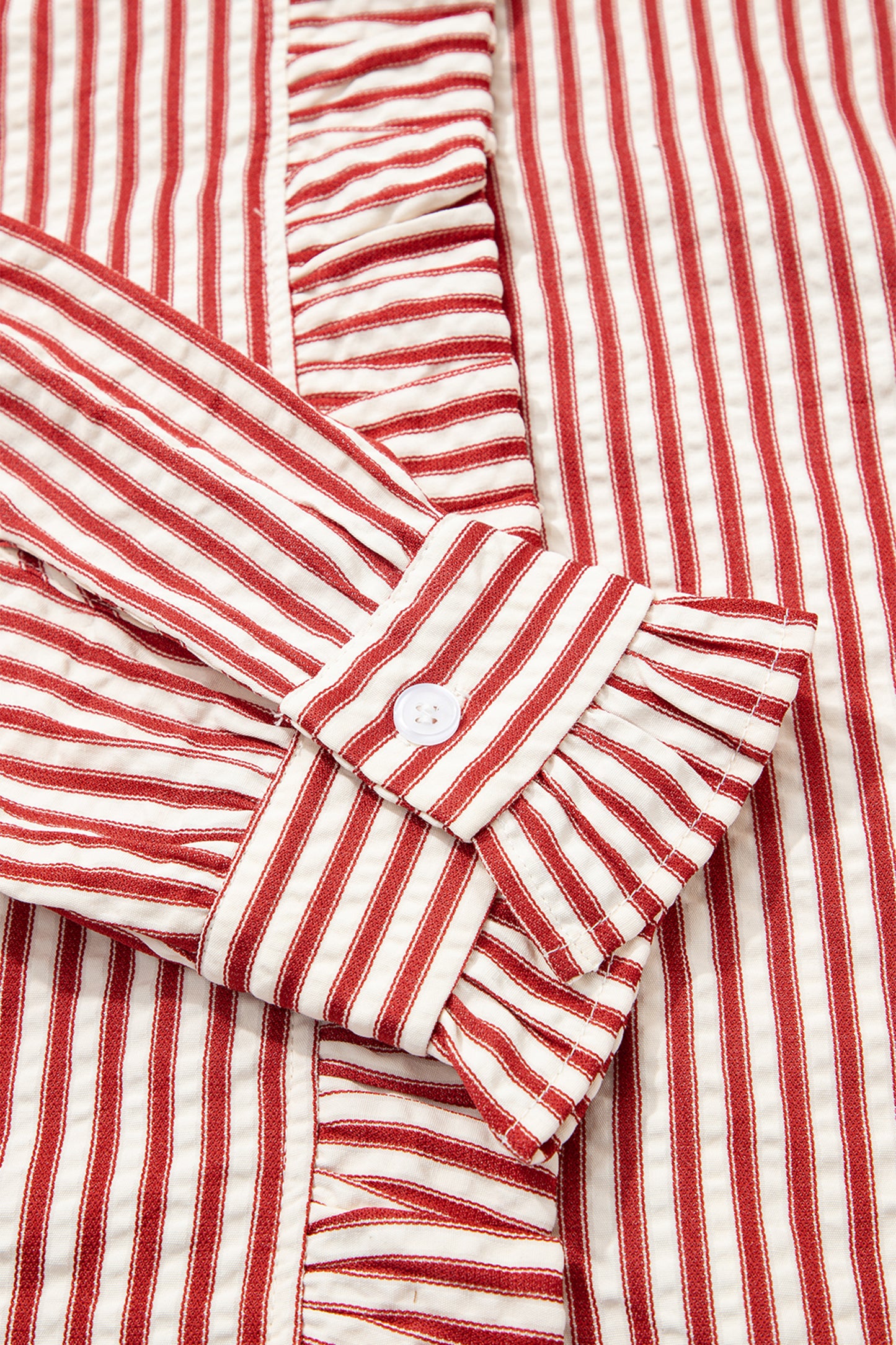 Red Stripe Textured Ruffle Trim Button-Up Long Sleeve Shirt