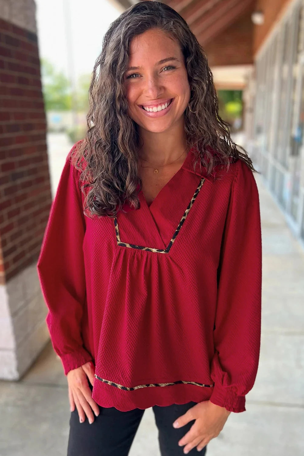 Fiery Red Collar V Neck Leopard Contrasted Trim Textured Blouse