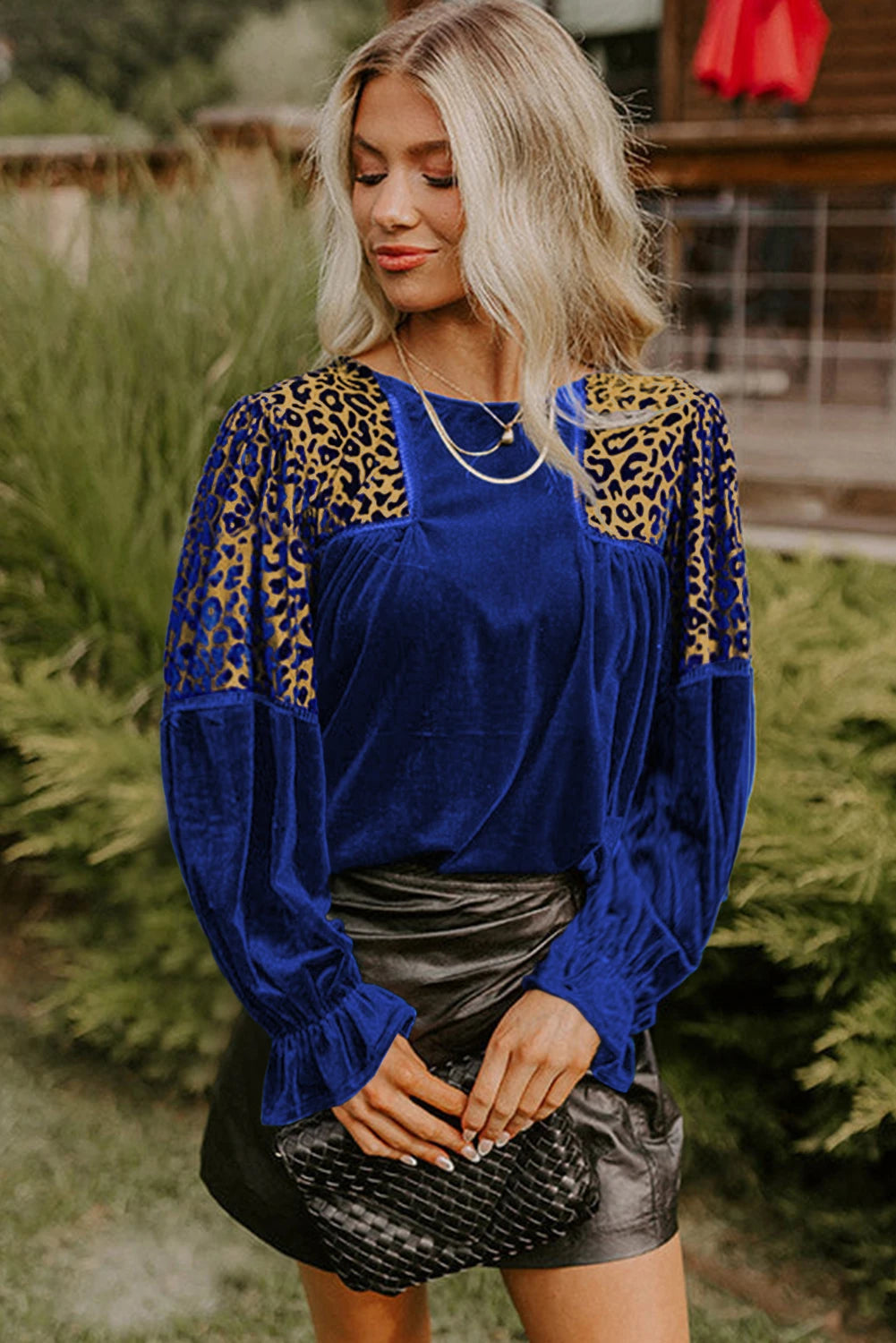 Sky Blue Leopard Patchwork Shoulder Flounce Sleeve Velvet Blouse