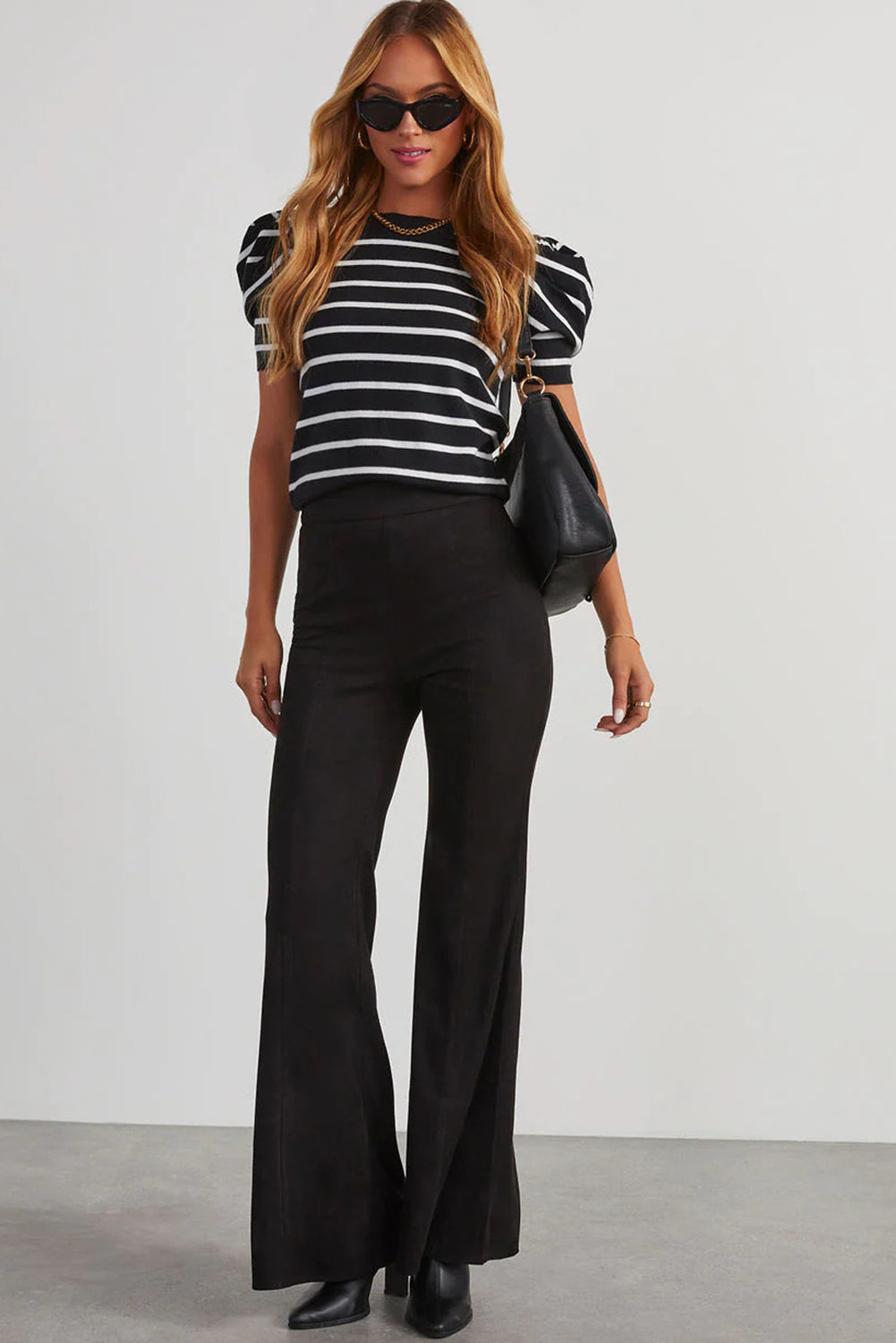 Black Stripe Ribbed Trim Round Neck Bubble Sleeve Knitted Top