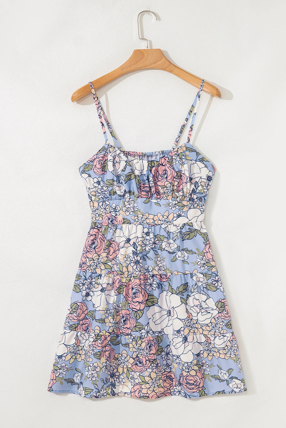Sky Blue Floral Tiered Patchwork Spaghetti Strap Vacation Dress