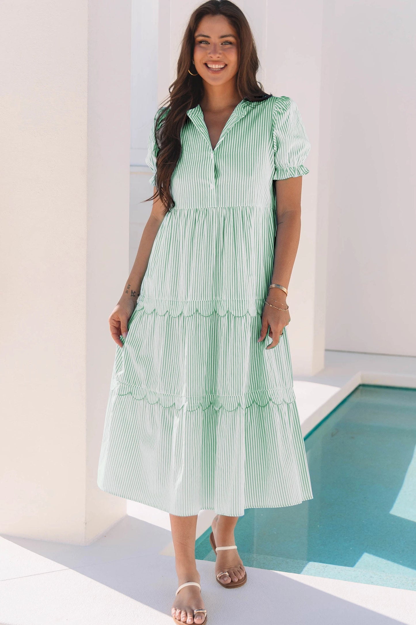 Sky Blue Stripe Bubble Short Sleeve Tiered Scallop Long Dress