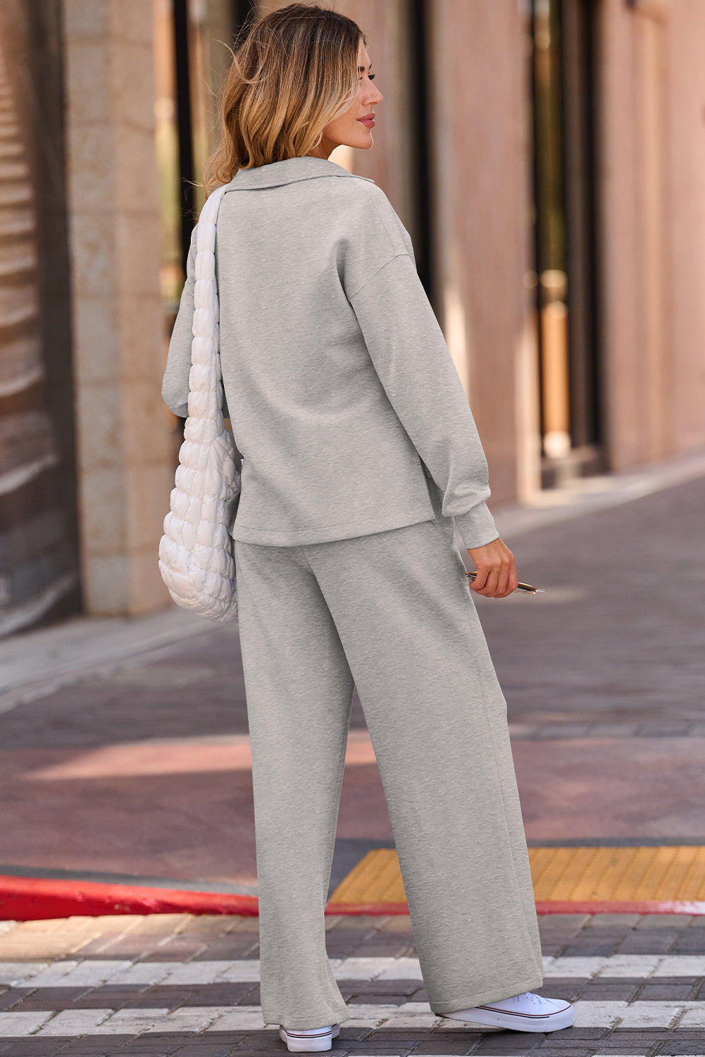 Coffee Solid Color V Neck Top and High Waist Pants Set