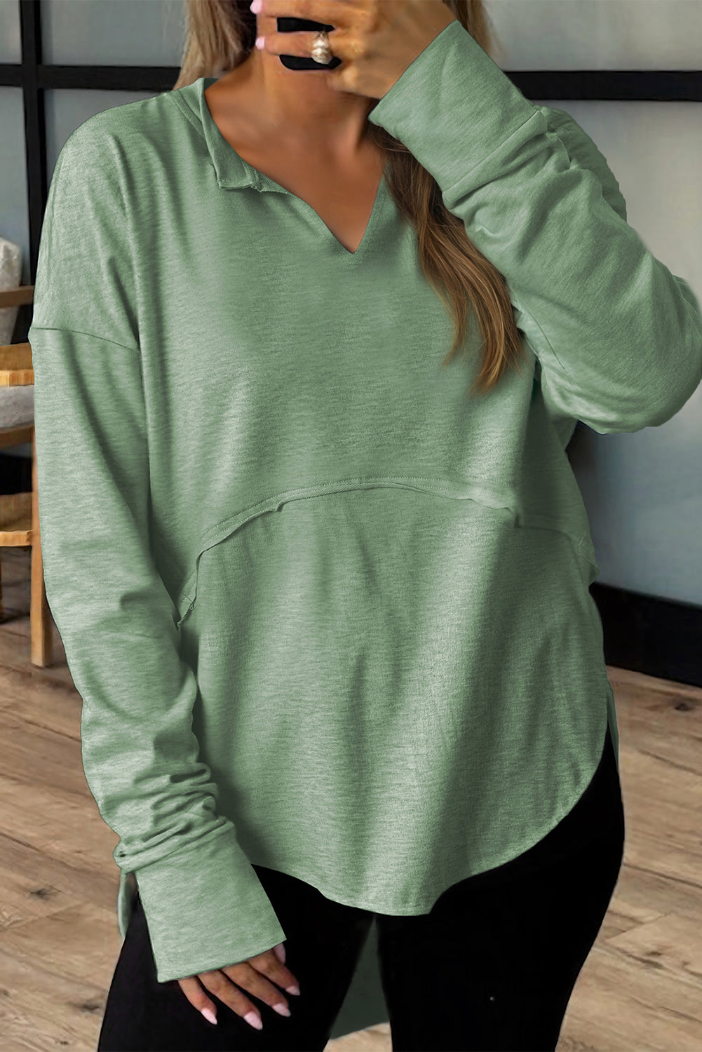 Myosotis Notched Neck Terry Raw Hem Long Sleeve Top