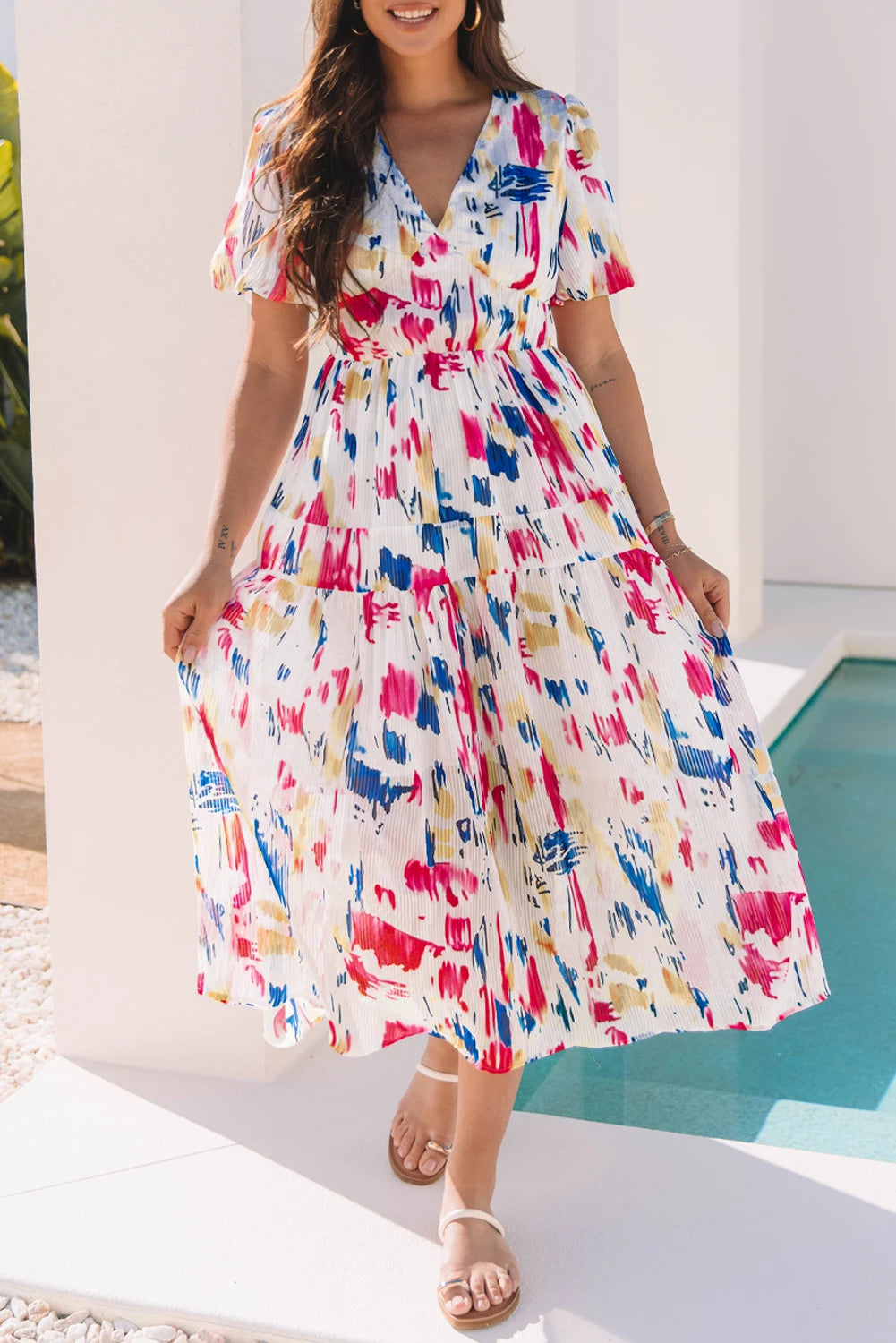Abstract Print Short Puff Sleeve Tiered Maxi Dress