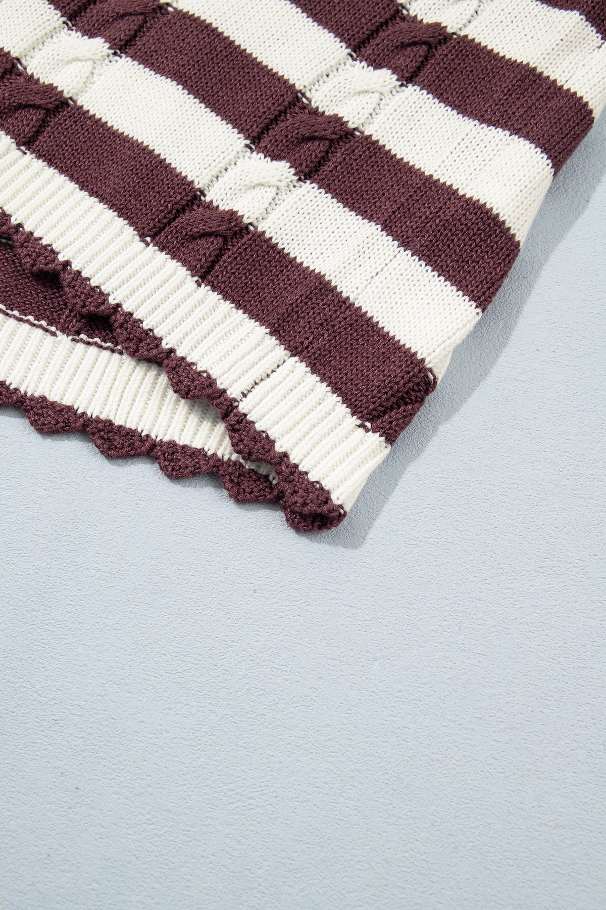 Brown Stripe Ribbed Knit Cable Detail Short Sleeve Sweater
