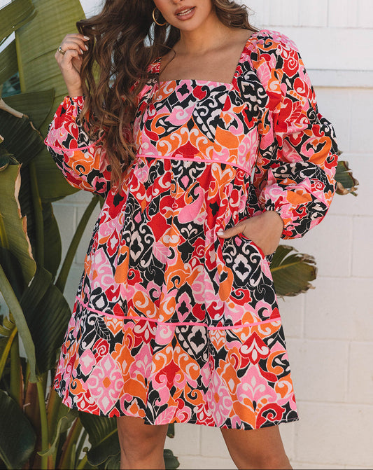 Pink Bohemian Square Neck Puff Sleeve Mini Dress