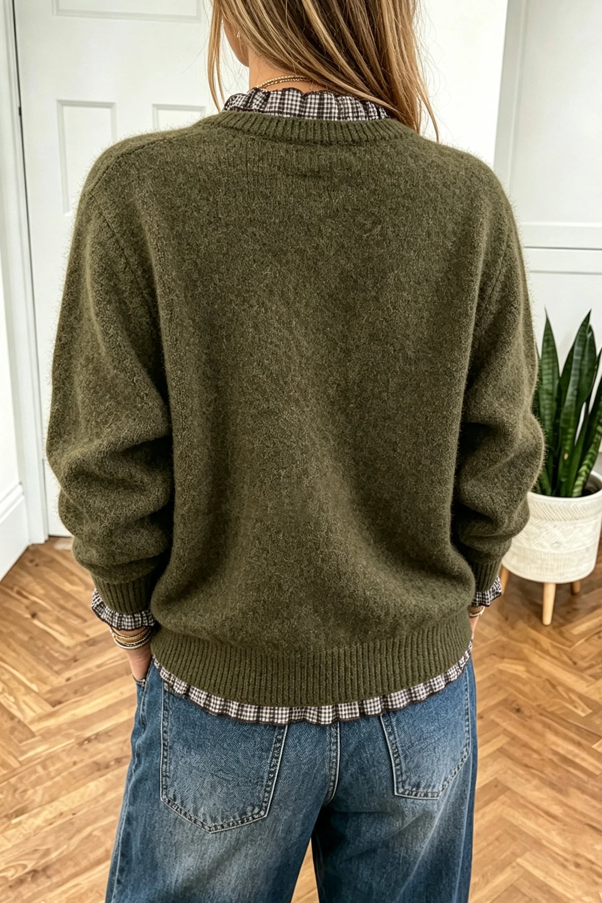 Chicory Coffee Contrast Plaid Ruffle Trim Pullover Sweater