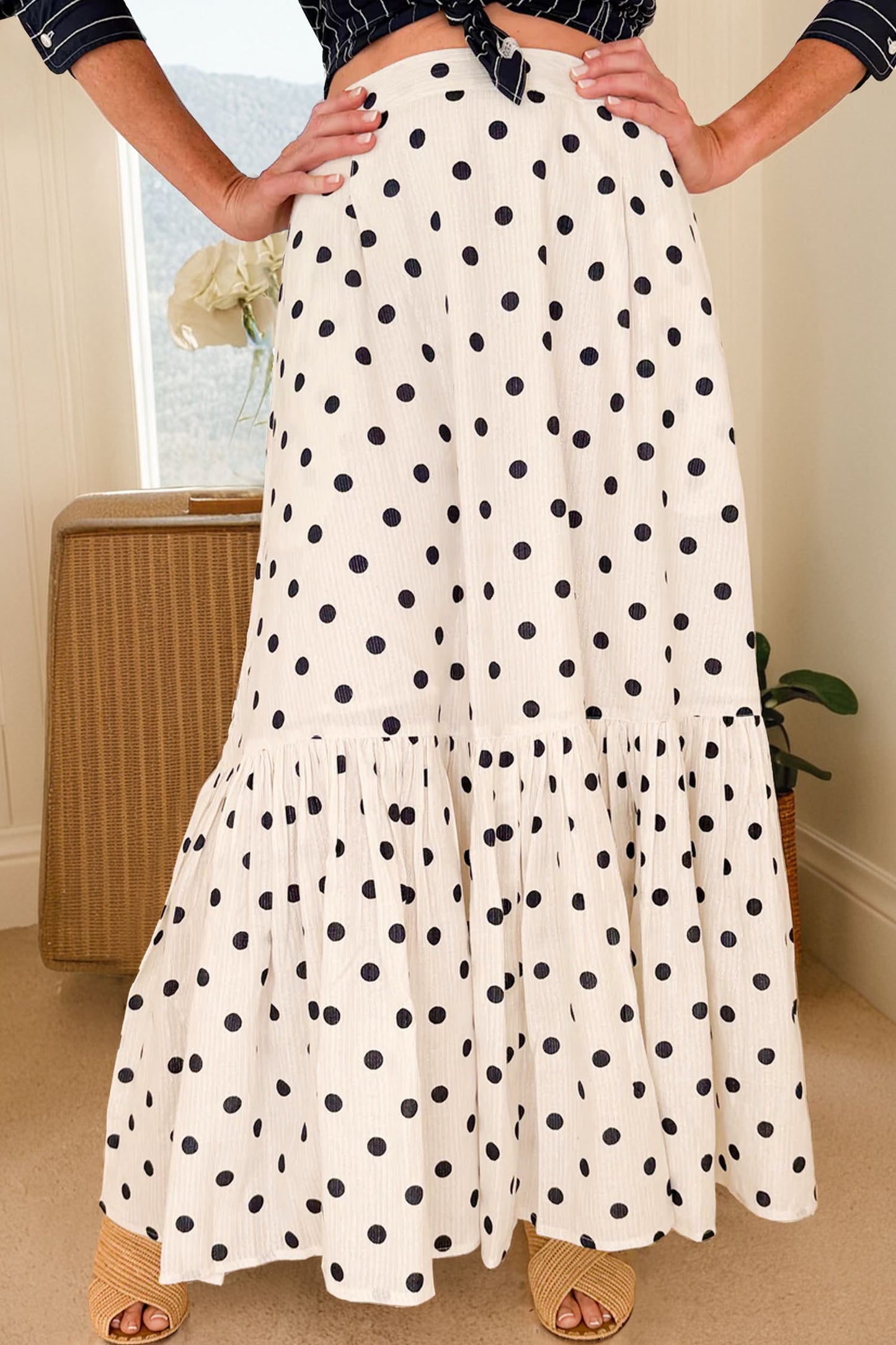 Polka Dot Maxi Skirt Side Slit Vacation Skirt