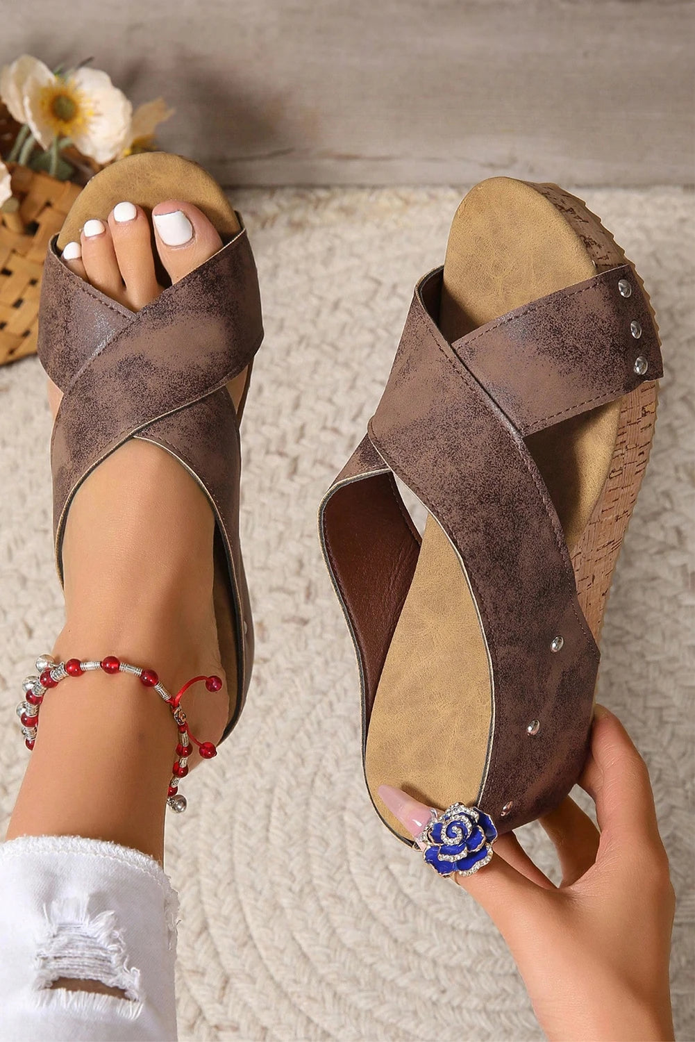 Criss Cross Cut Out PU Leather Wedge Slippers