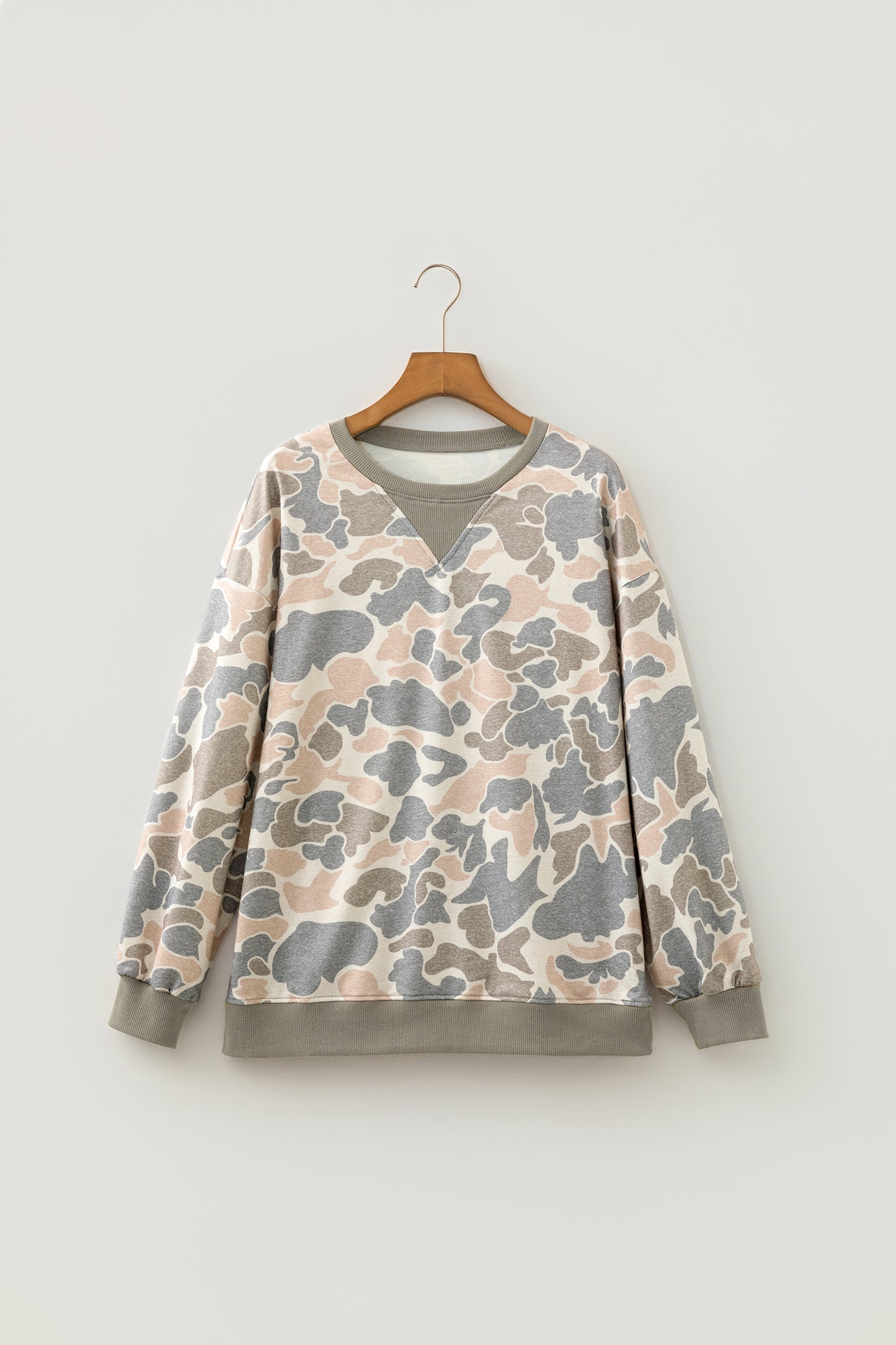 Multicolour Camo Print Ribbed Trim Casual Pullover Sweatshirt