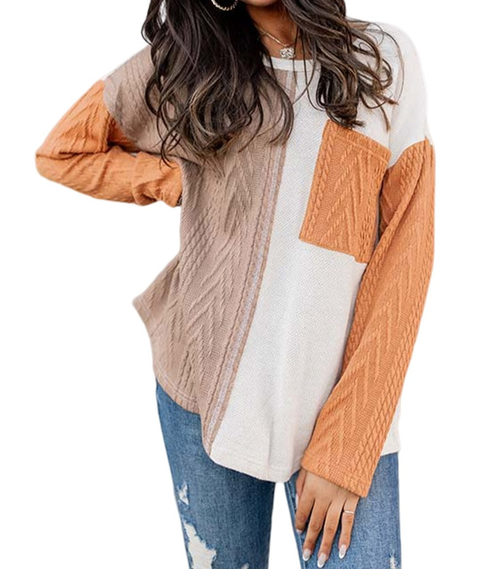 Orange Long Sleeve Colorblock Chest Pocket Textured Knit Top