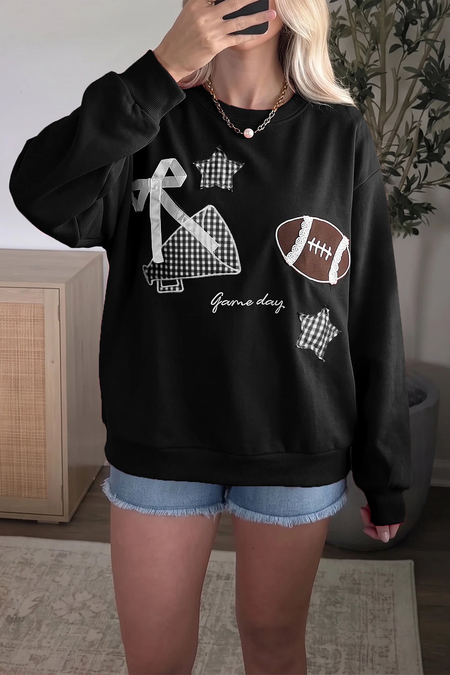Gingham Patch Embroidered Rugby Game Day Stars Sweatshirt