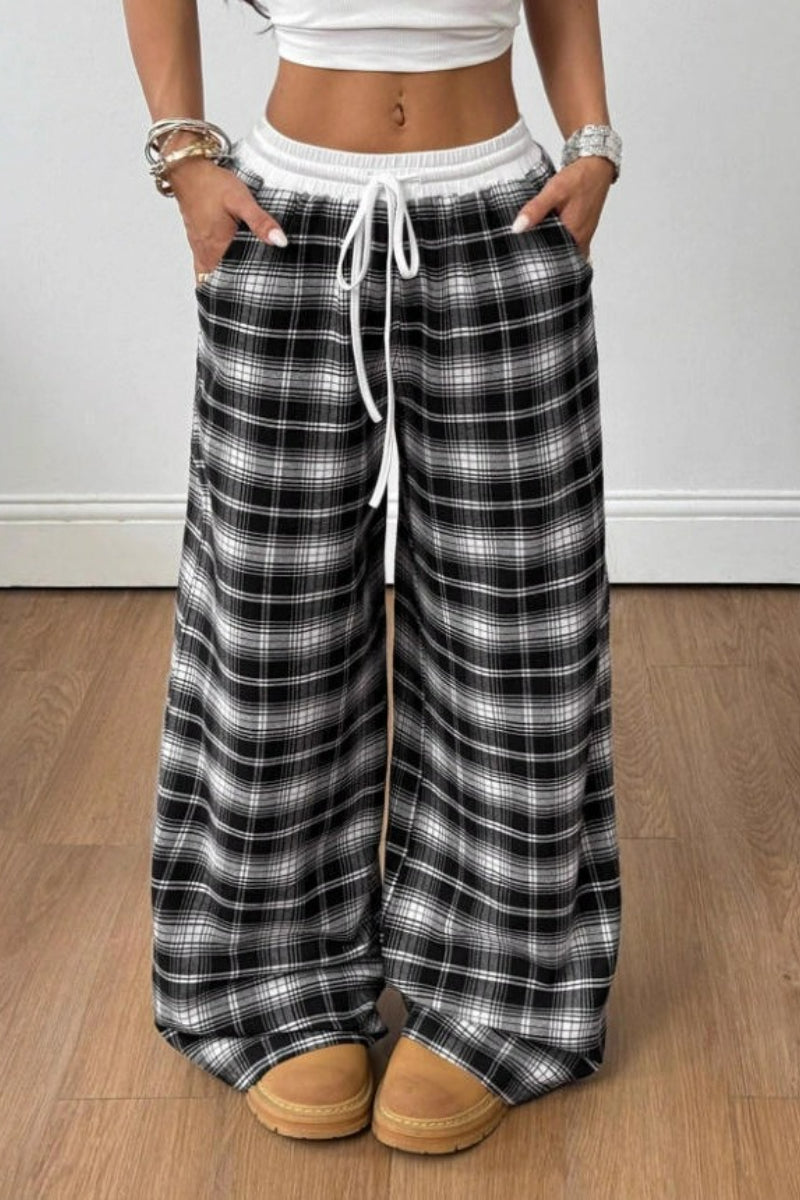 Plaid Wide Leg Pants Drawstring Elastic Waist Casual