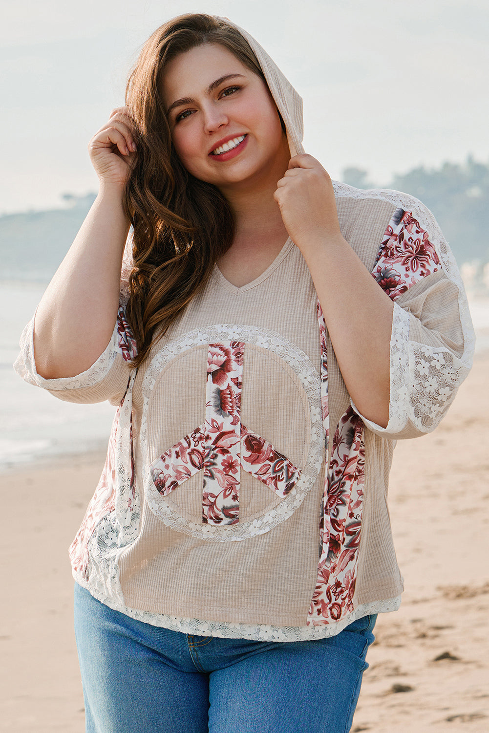 Floral Peace Sign Graphic Lace Patch Ribbed Plus Size Hooded Top