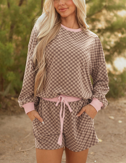 Brown Checkerboard Long Sleeve Pullover and Shorts Set