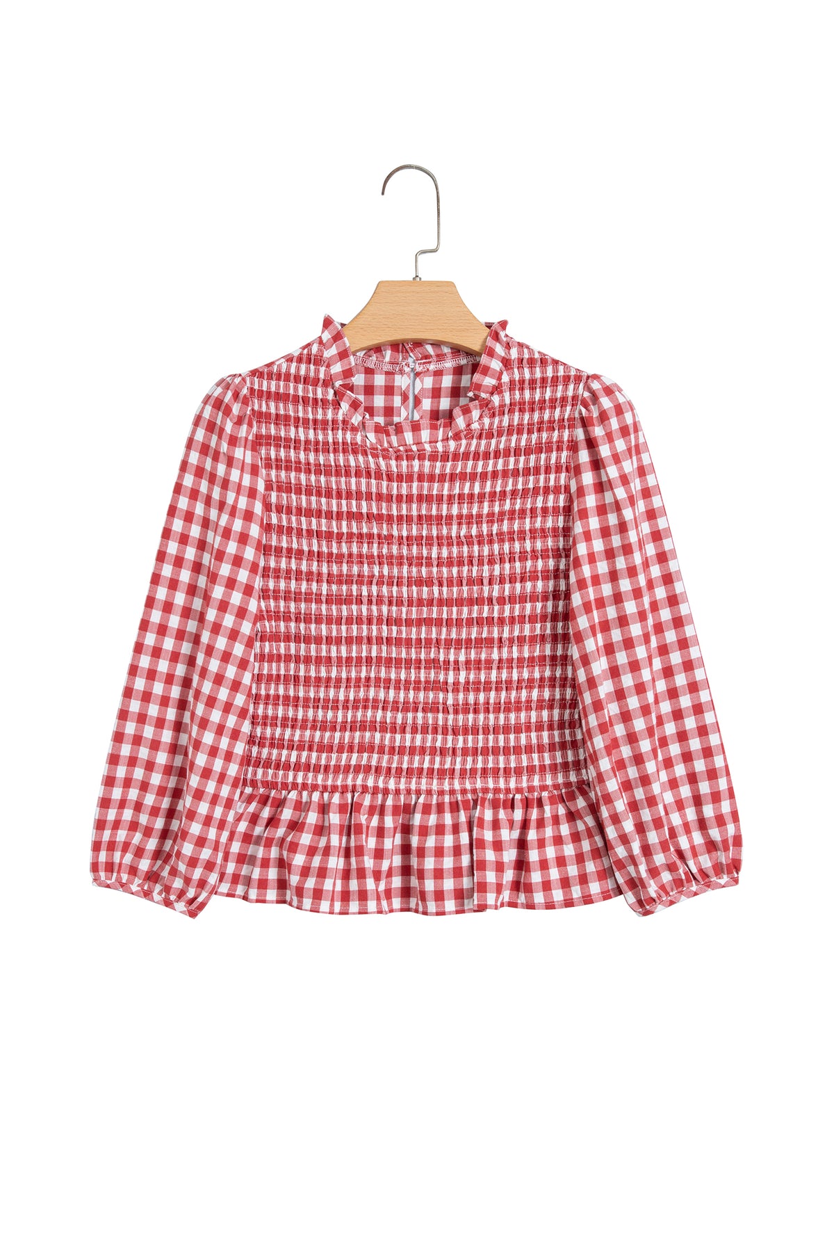 Brown 3/4 Sleeve Shirred Plaid Peplum Top