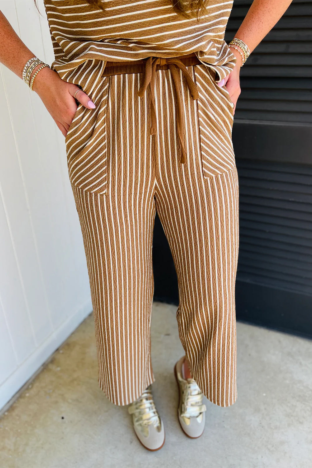Khaki Stripe Crew Neck Tee Drawstring Waist Cropped Pants Set