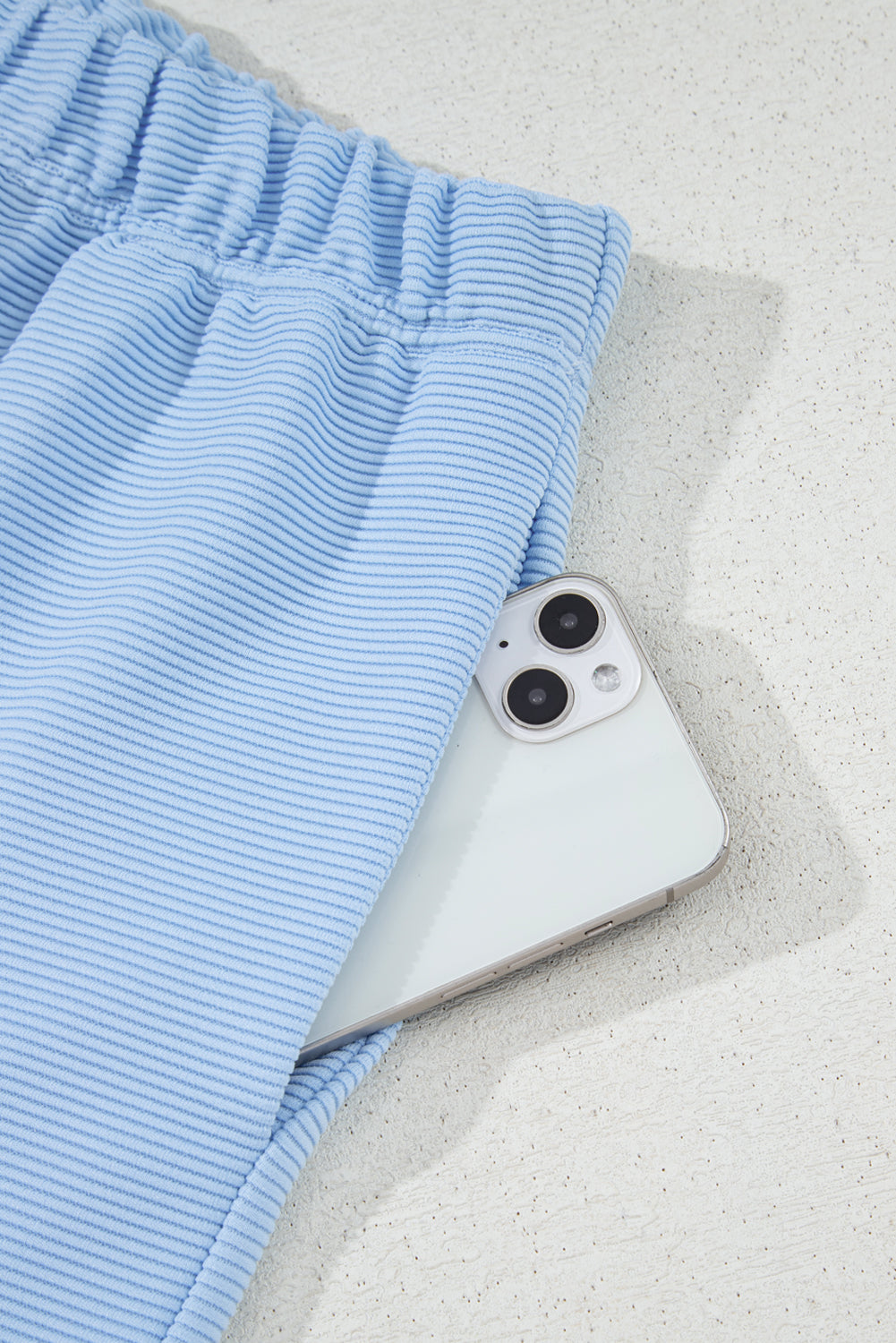 Beau Blue Ribbed Texture Half Zip Ruffled Short Sleeve Top and Shorts Set