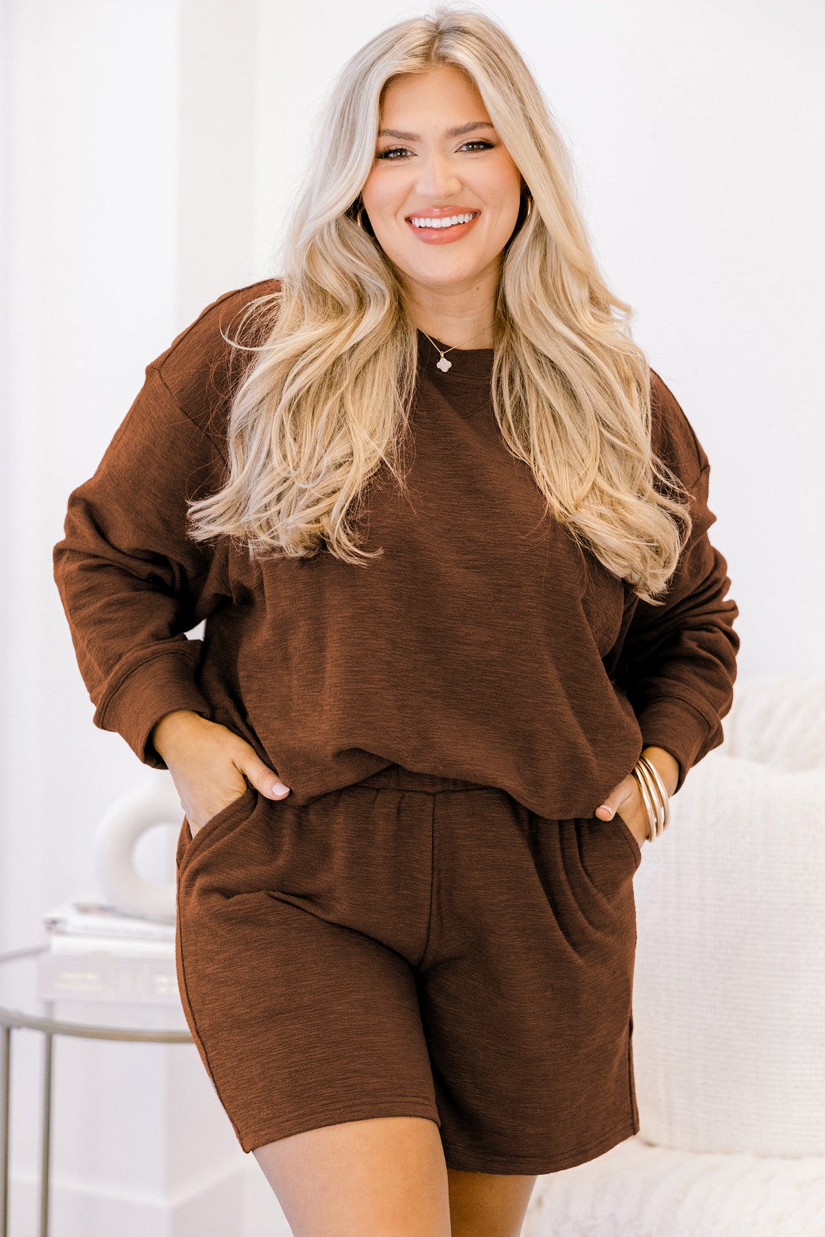 Chestnut Drop Shoulder Long Sleeve Top Elastic Waist Shorts Plus Size Set