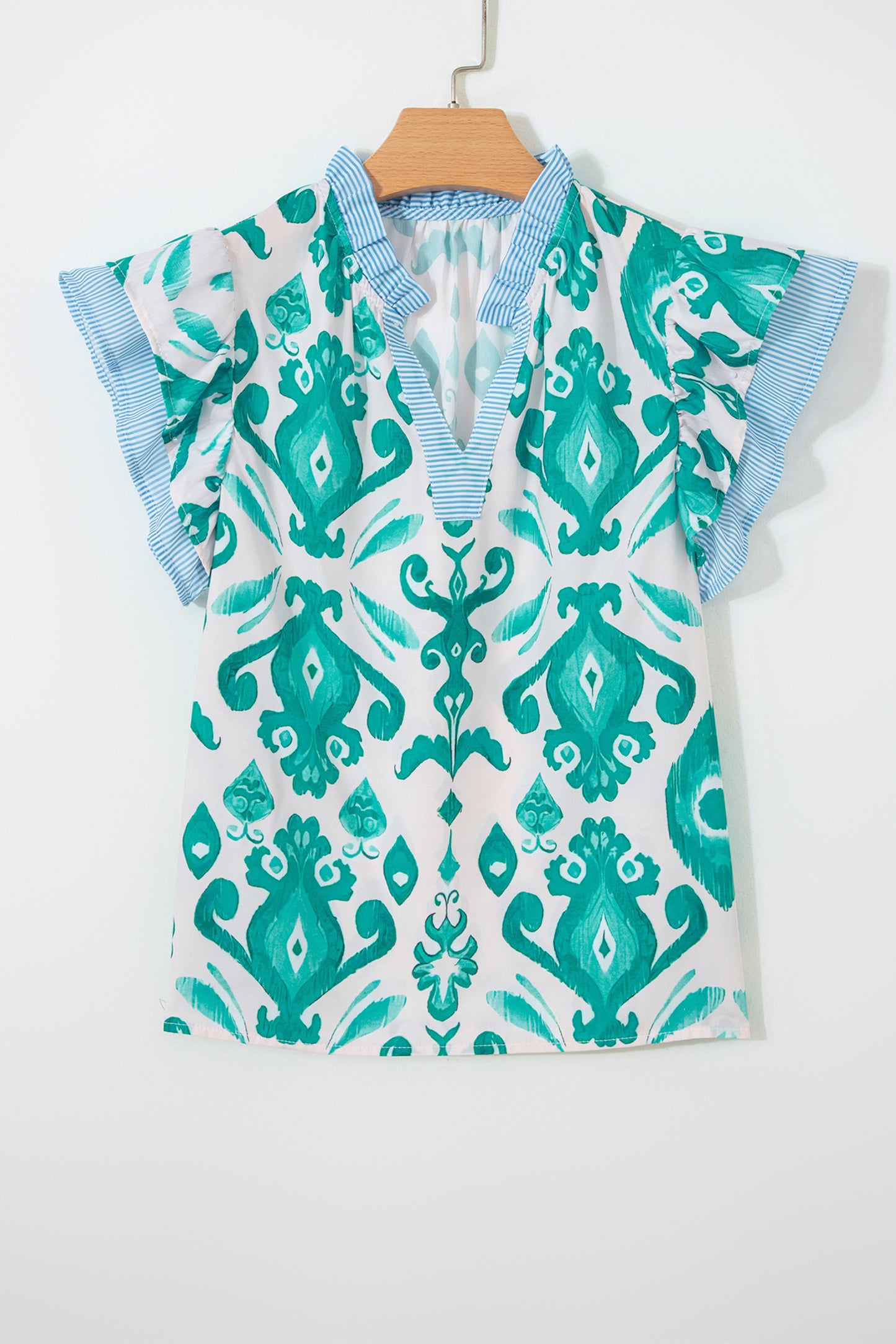 Sky Blue Ethnic Print Striped Trim Flutter Sleeve Top