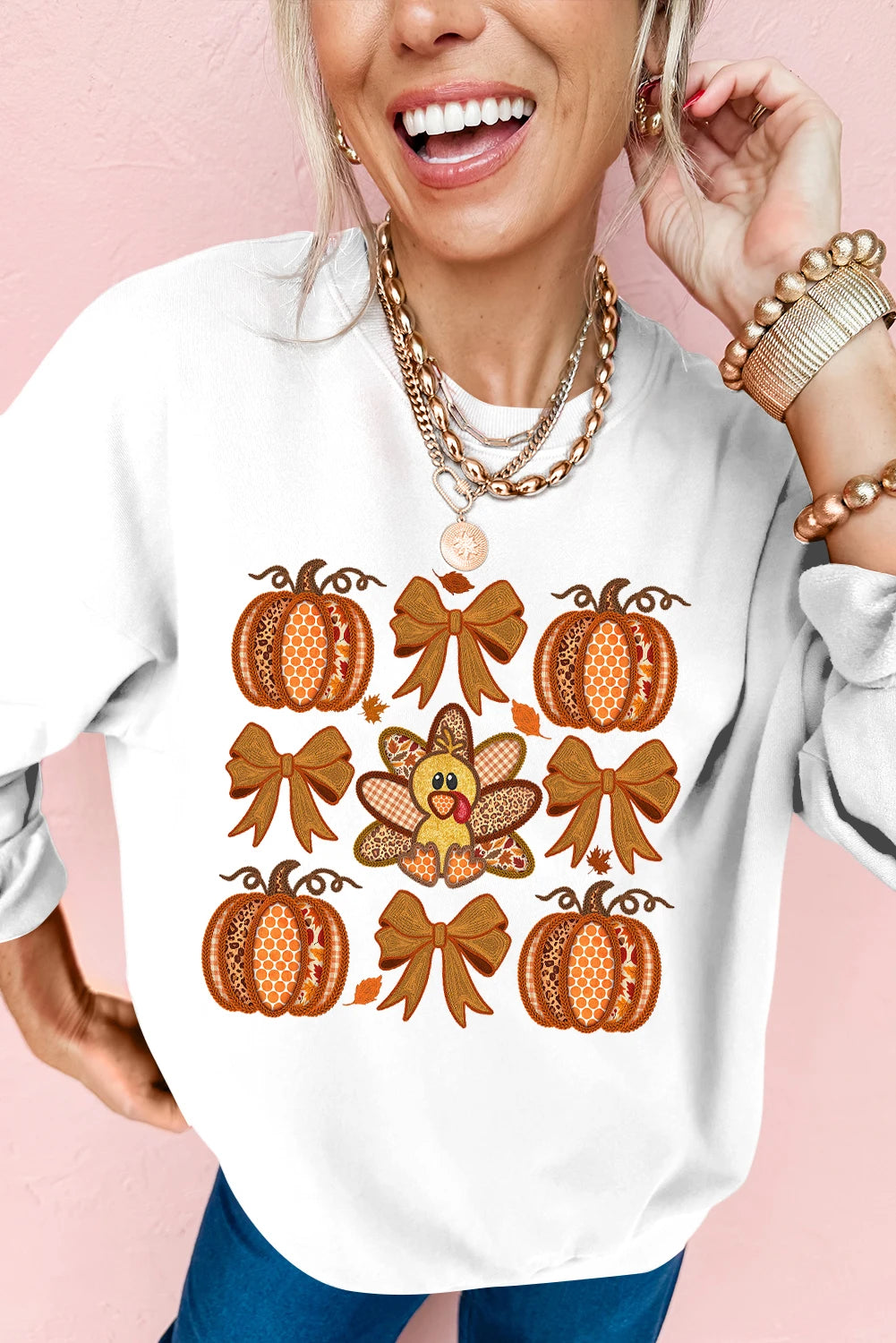 White Cute Turkey Fall Pumpkin Bow Print Drop Shoulder Sweatshirt