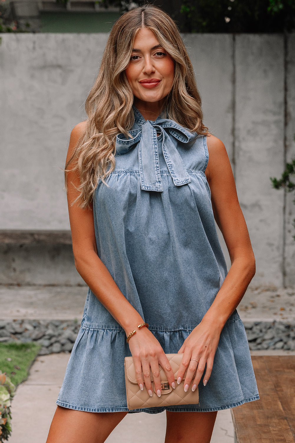Beau Blue Bowknot Neck Sleeveless Ruffled Chambray Dress