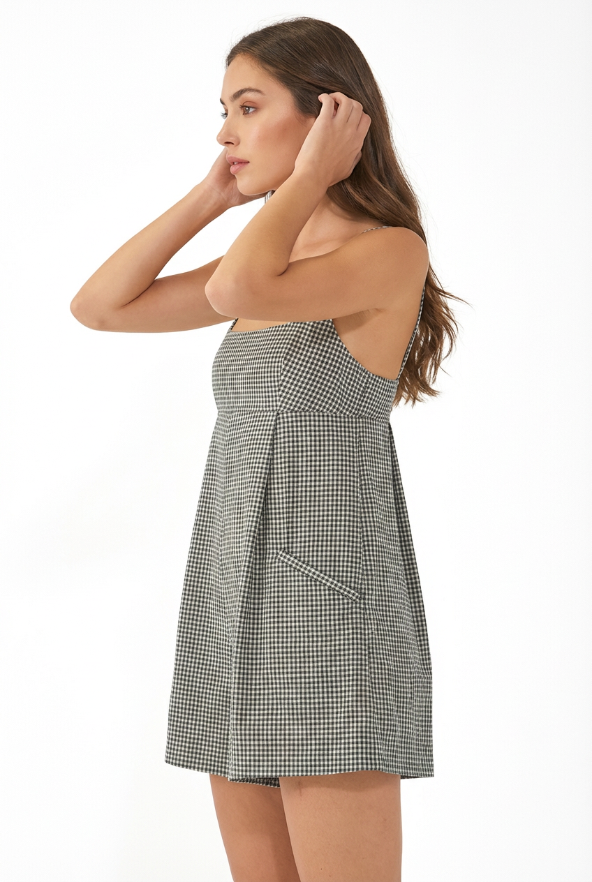 Sleeveless Plaid Square Neck Babydoll Romper