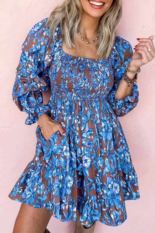 Blue Smocked Bodice High Waist Ruffled Sleeve Floral Dress