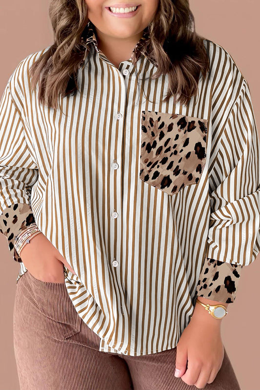 Brown Stripe Leopard Patched Collared Chest Pocket Cuffed Long Sleeve Plus Size Shirt