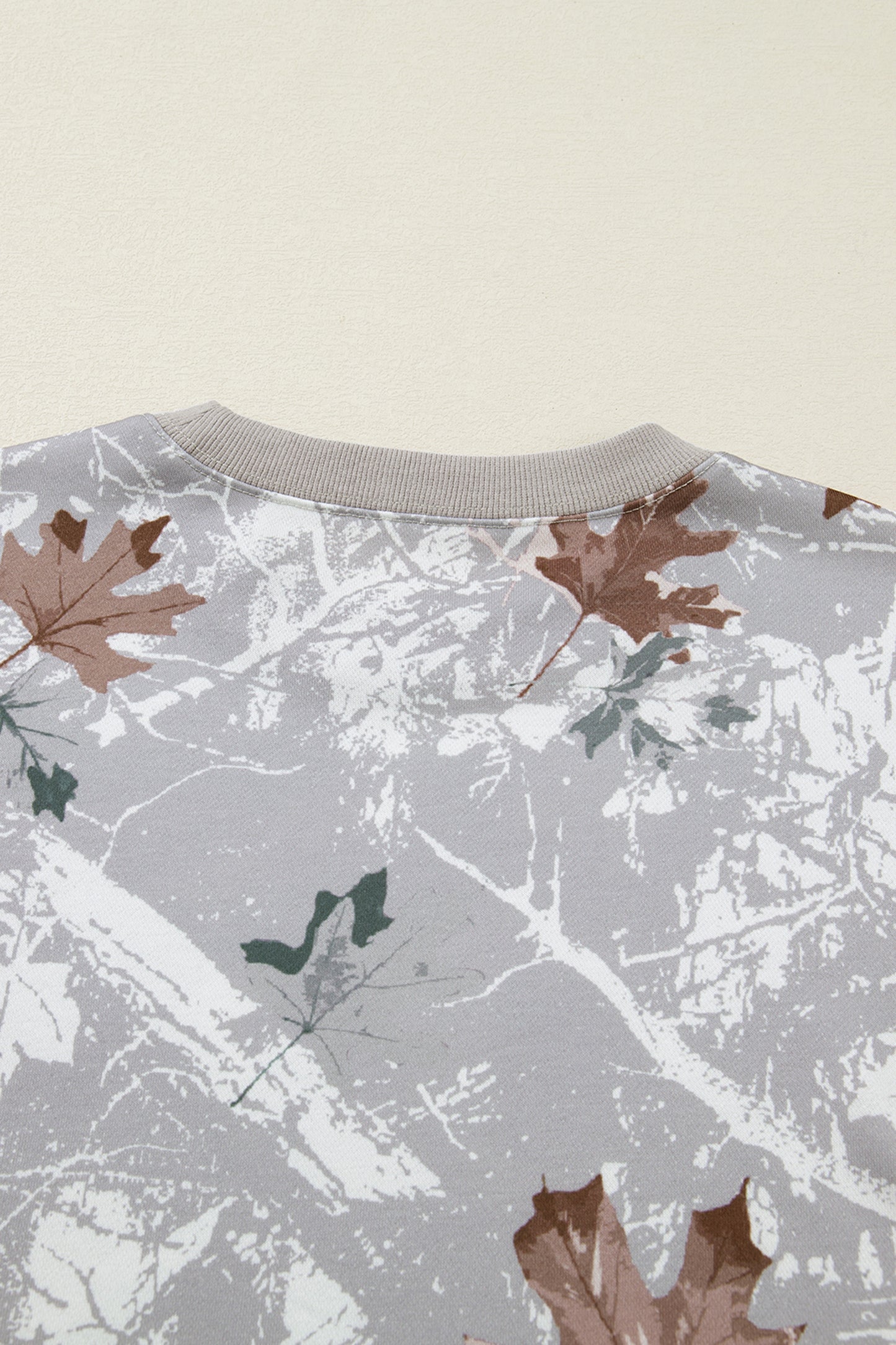 Gray Maple Leaf Camo Print Varsity Striped Sleeve Casual Sweatshirt