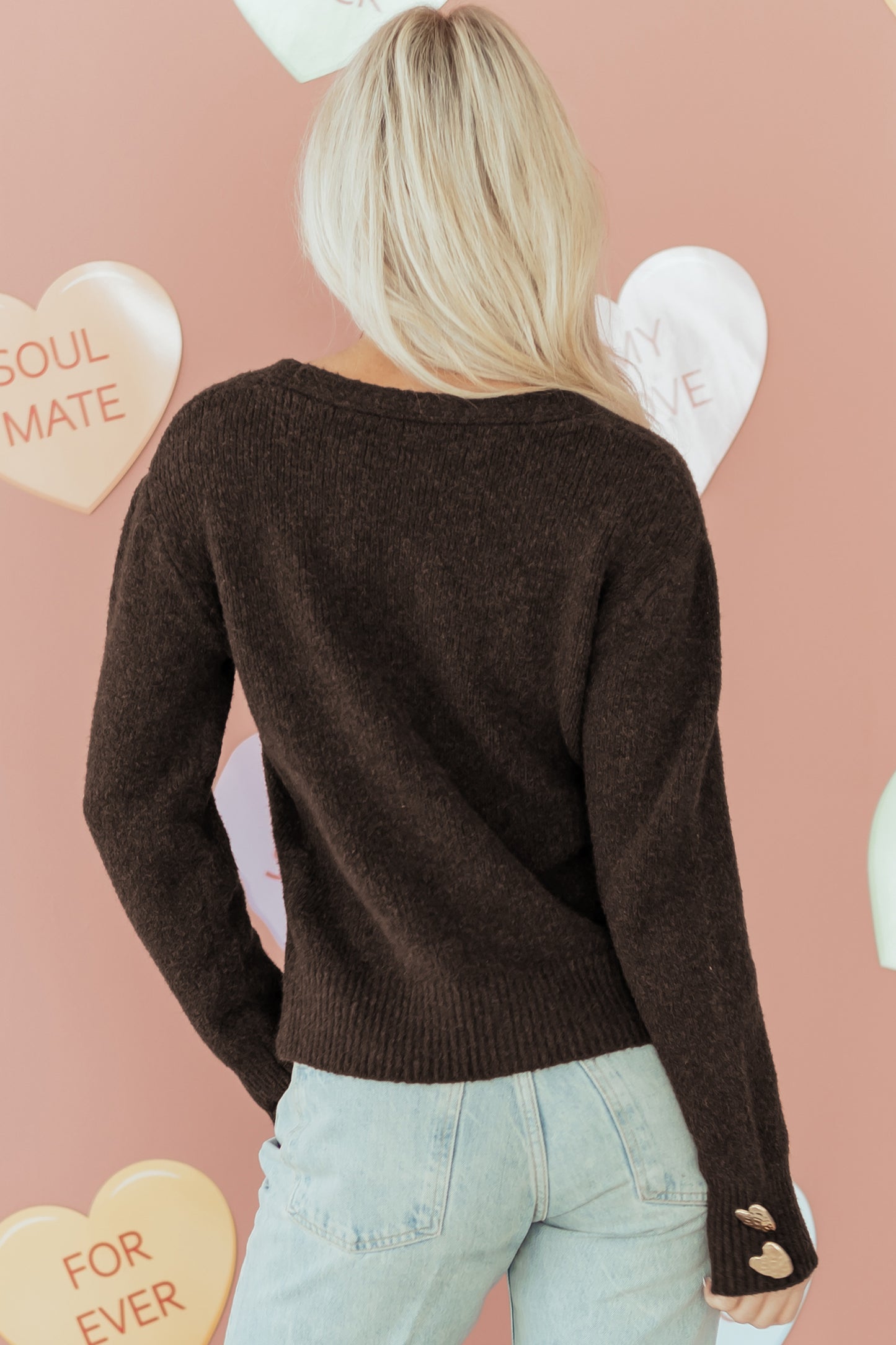 Chicory Coffee Heart Metal Button V Neck Cardigan Sweater