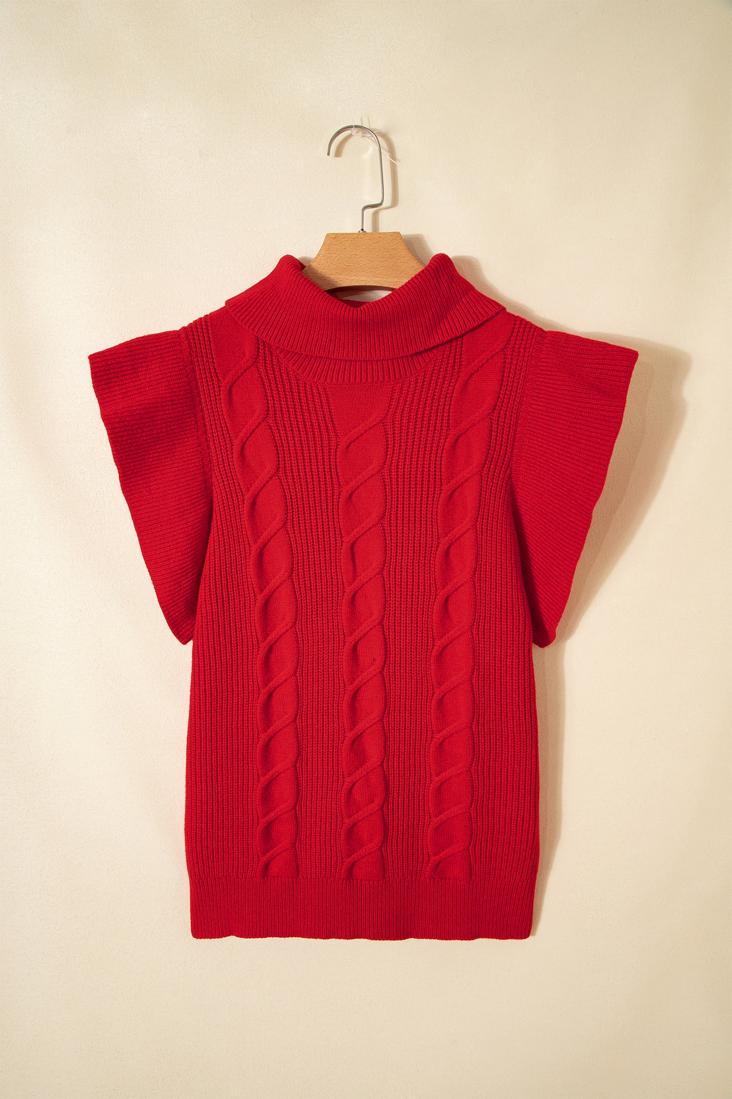 Jet Stream Cable Knit Turtleneck Ruffled Short Sleeve Sweater