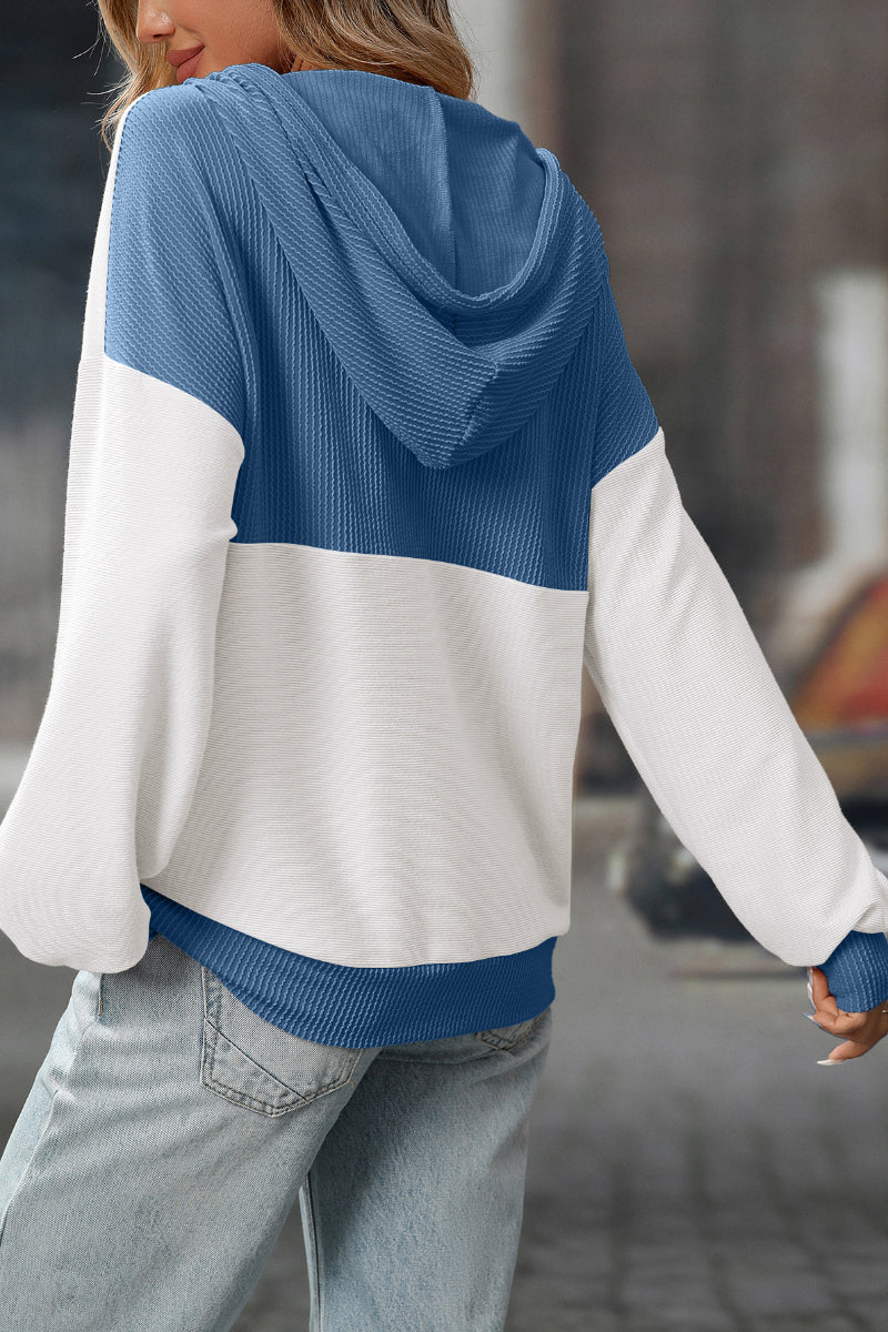 Colorblock Waffle Knit Drawstring Hoodie Pullover Women