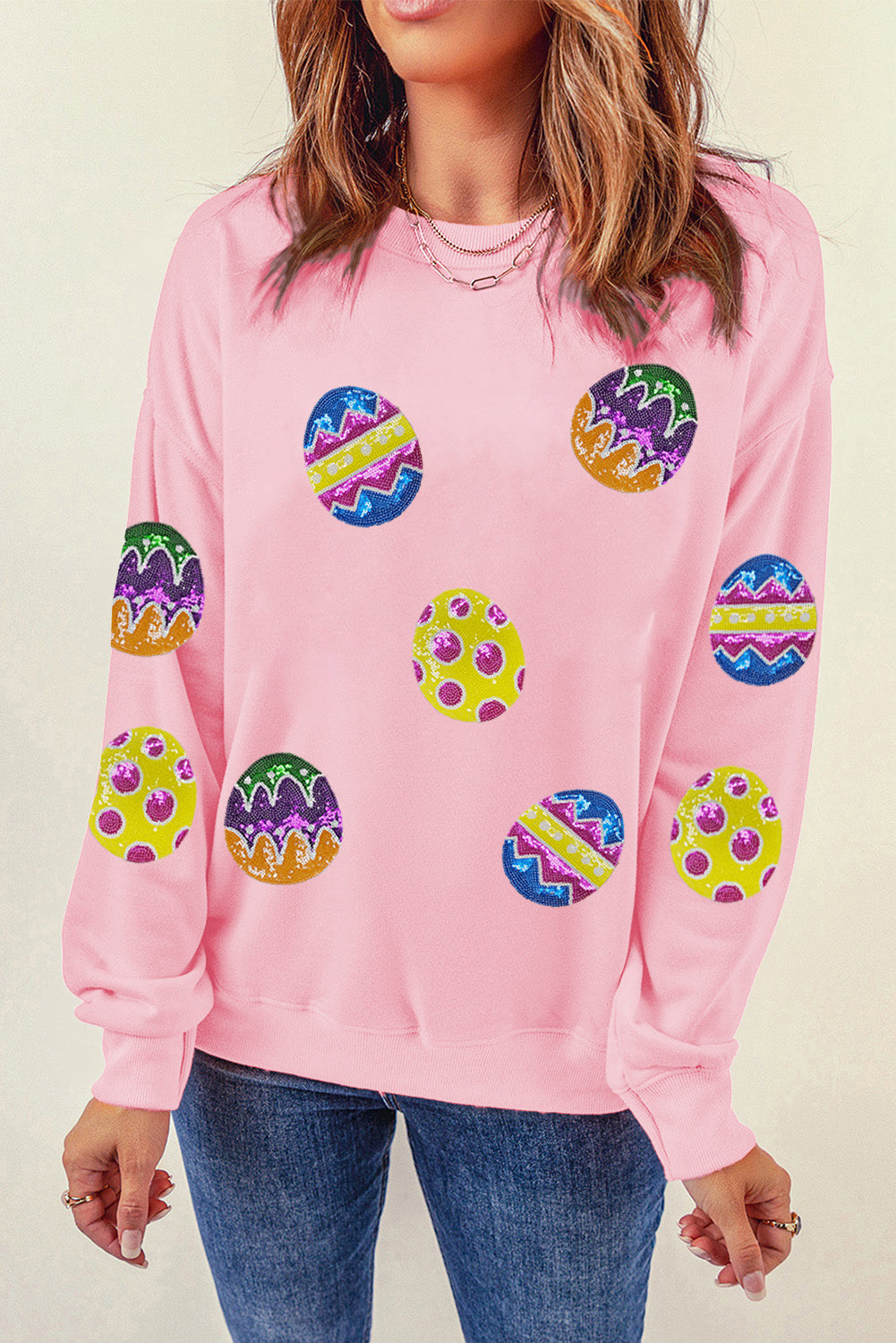Pink Easter Egg Patched Graphic Drop Shoulder Pullover Sweatshirt