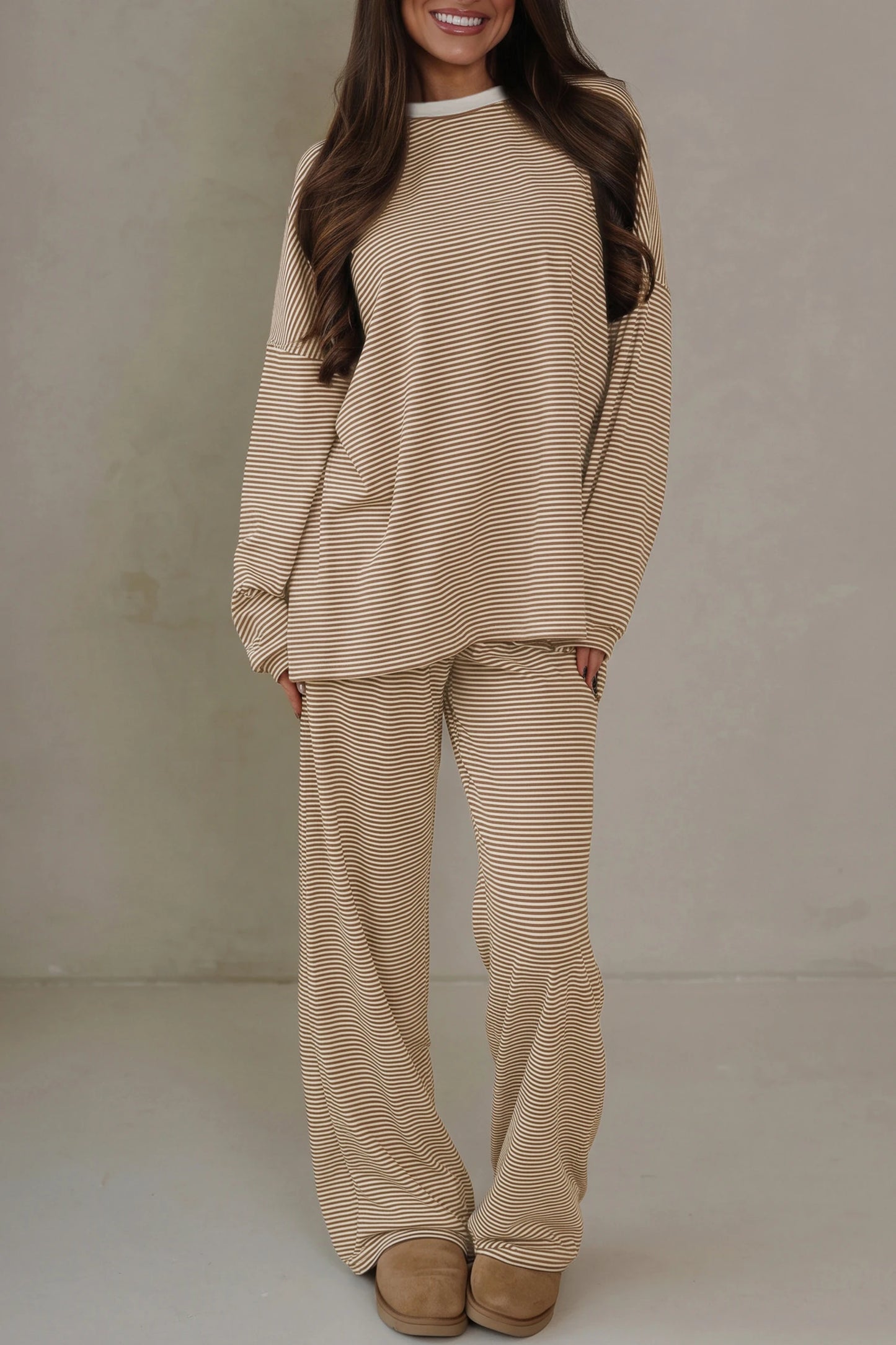 Pink Striped Drop Shoulder Long Sleeve Pant Set