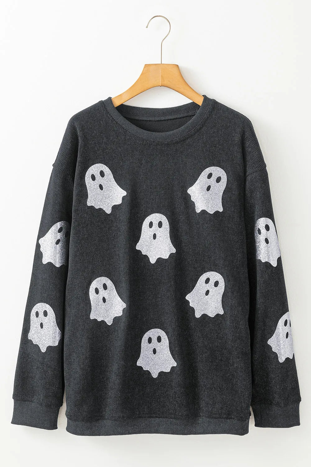 Black Halloween Ghost Corded Crew Neck Loose Sweatshirt