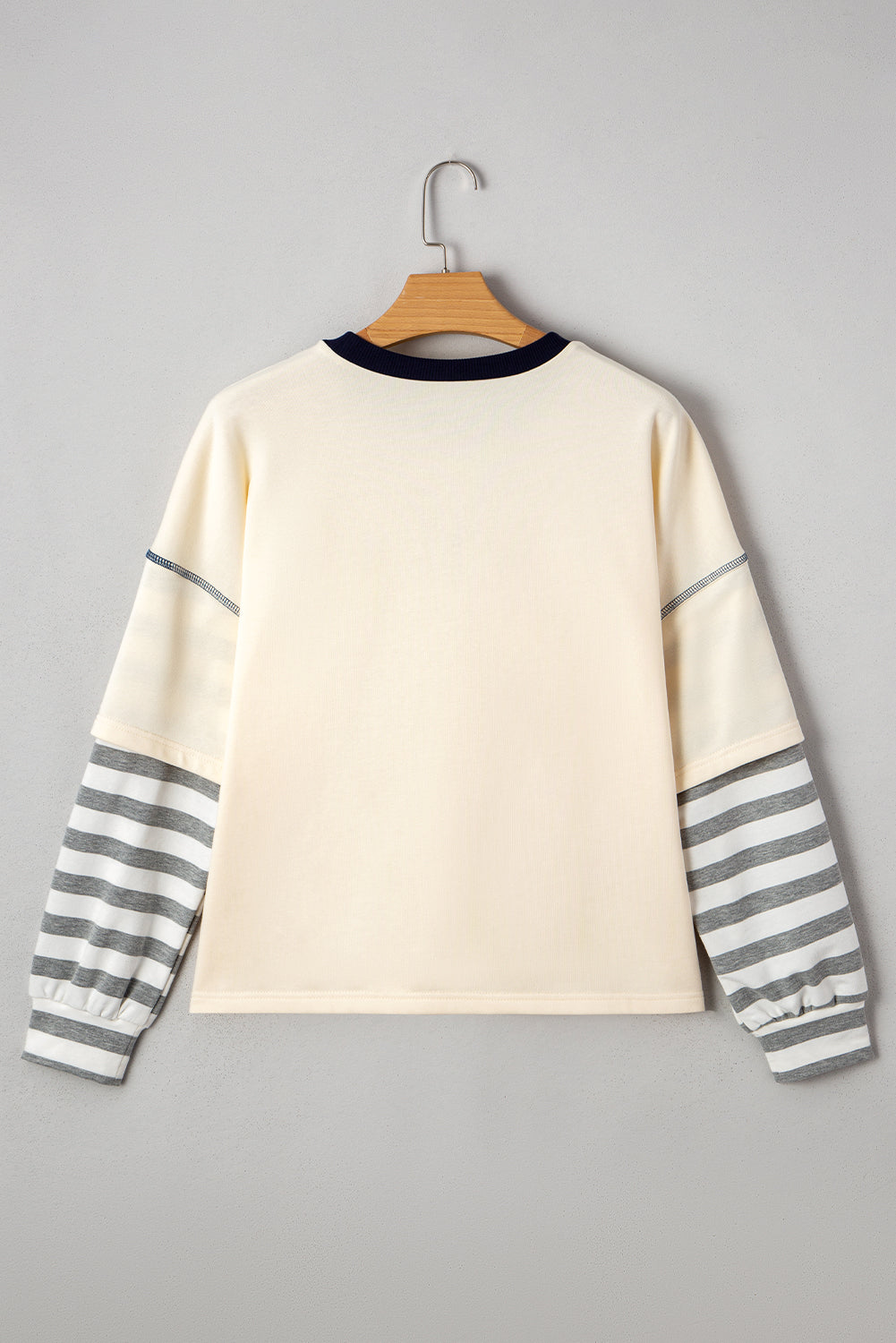Beige Striped Patchwork Long Sleeve Round Neck Two-in-one Top